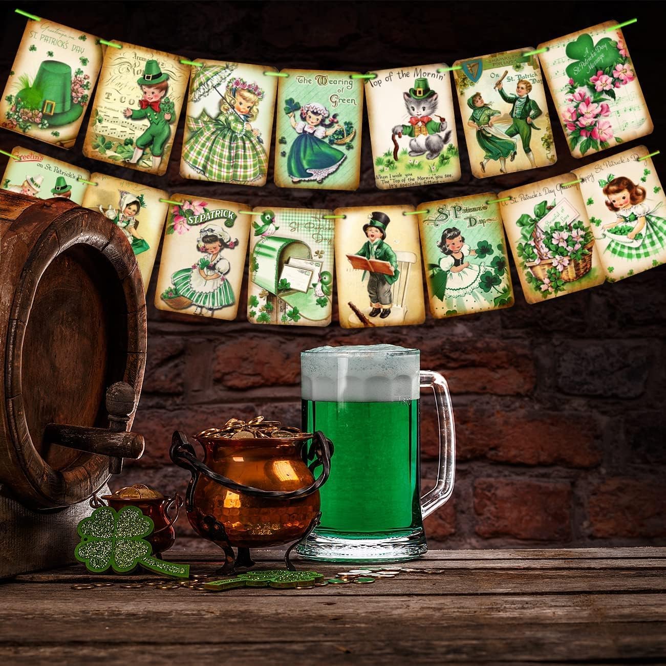 ssailue decor St. Patrick's Day Decorations - 15pcs Lucky Shamrock Banner, Green Cartoon Irish Party Supplies for Indoor/Outdoor Use, 5" x 7"