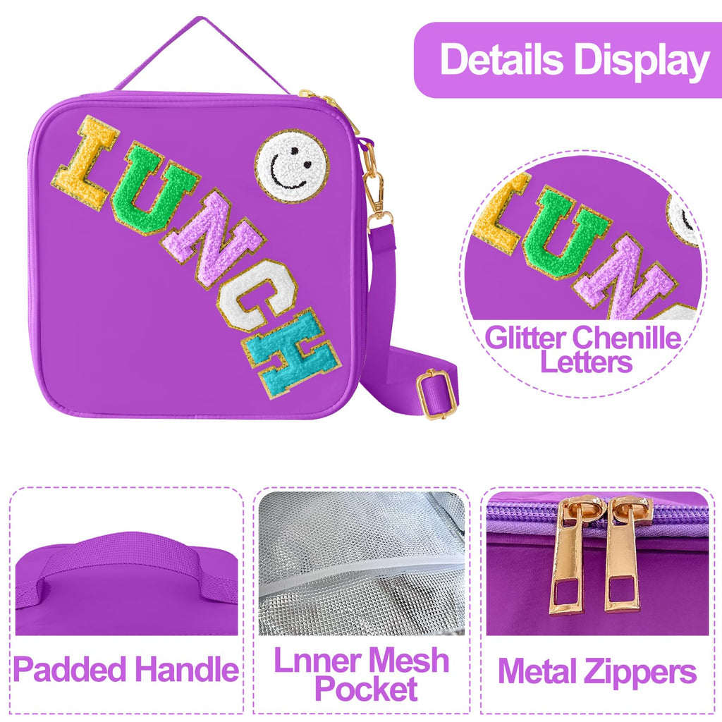 Insulated Lunch Bag With Adjustable Shoulder Strap, Nylon Preppy Lunch Box Large Insulated Lunch Bag Reusable Lunch Tote Bag with Smiley Preppy LunchBag for Girls School Travel Picnic (Purple)