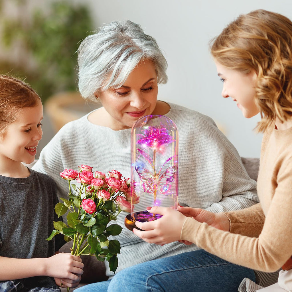 Pusuny Mothers Day Flowers Gifts for Mom Women Birthday Gift Galaxy Glass Rose Forever Eternal Crystal Flowers Rose in Glass Dome with Butterfly Mother's Day Roses Gifts for Mom Daughter Wife Purple