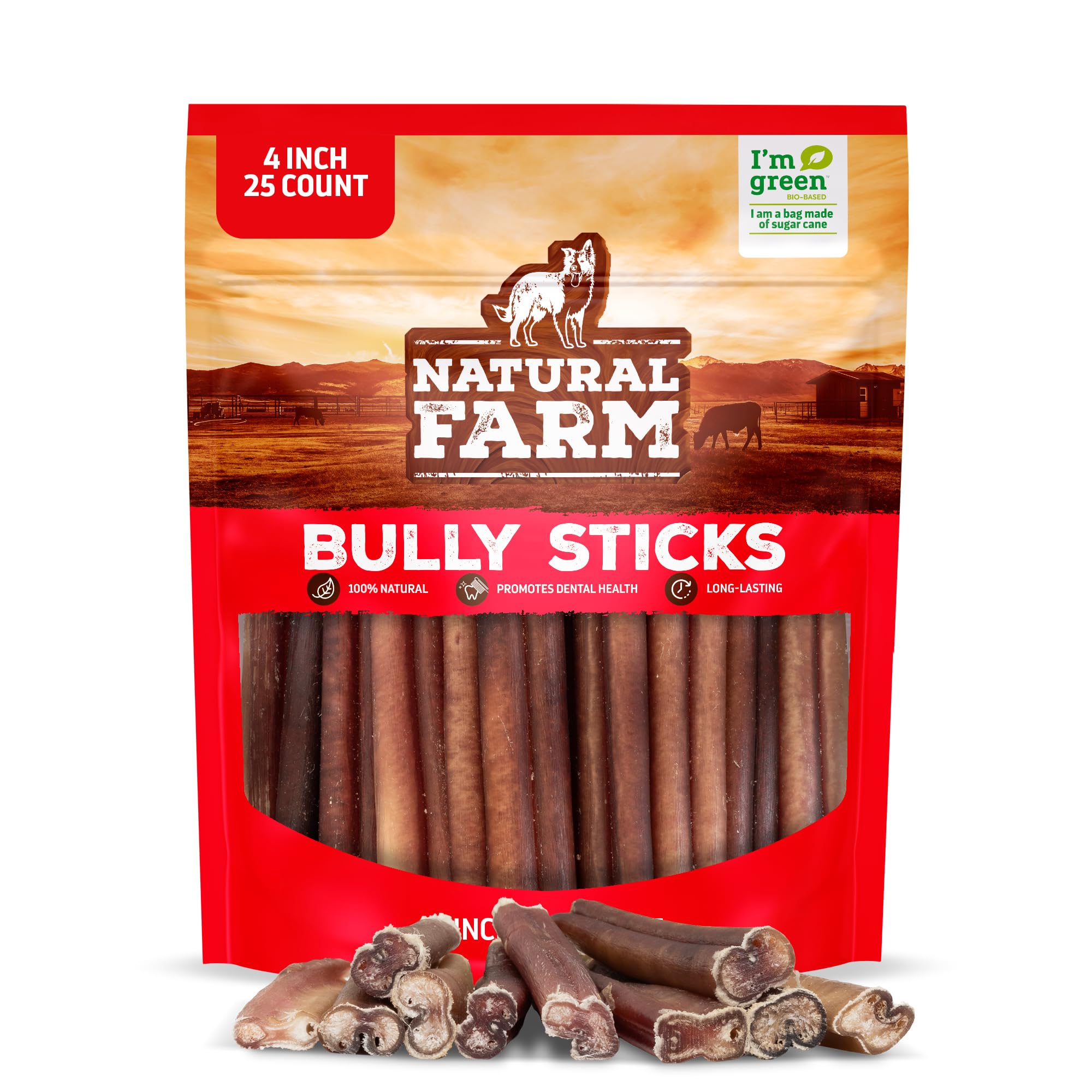 Natural Farm Bully Sticks (6 Inch, 15 Count), Single Ingredient: 100% Beef Chews, Grass-Fed, Non-GMO, Grain-Free, Fully Digestible Treats for Puppies, Small or Senior Dog