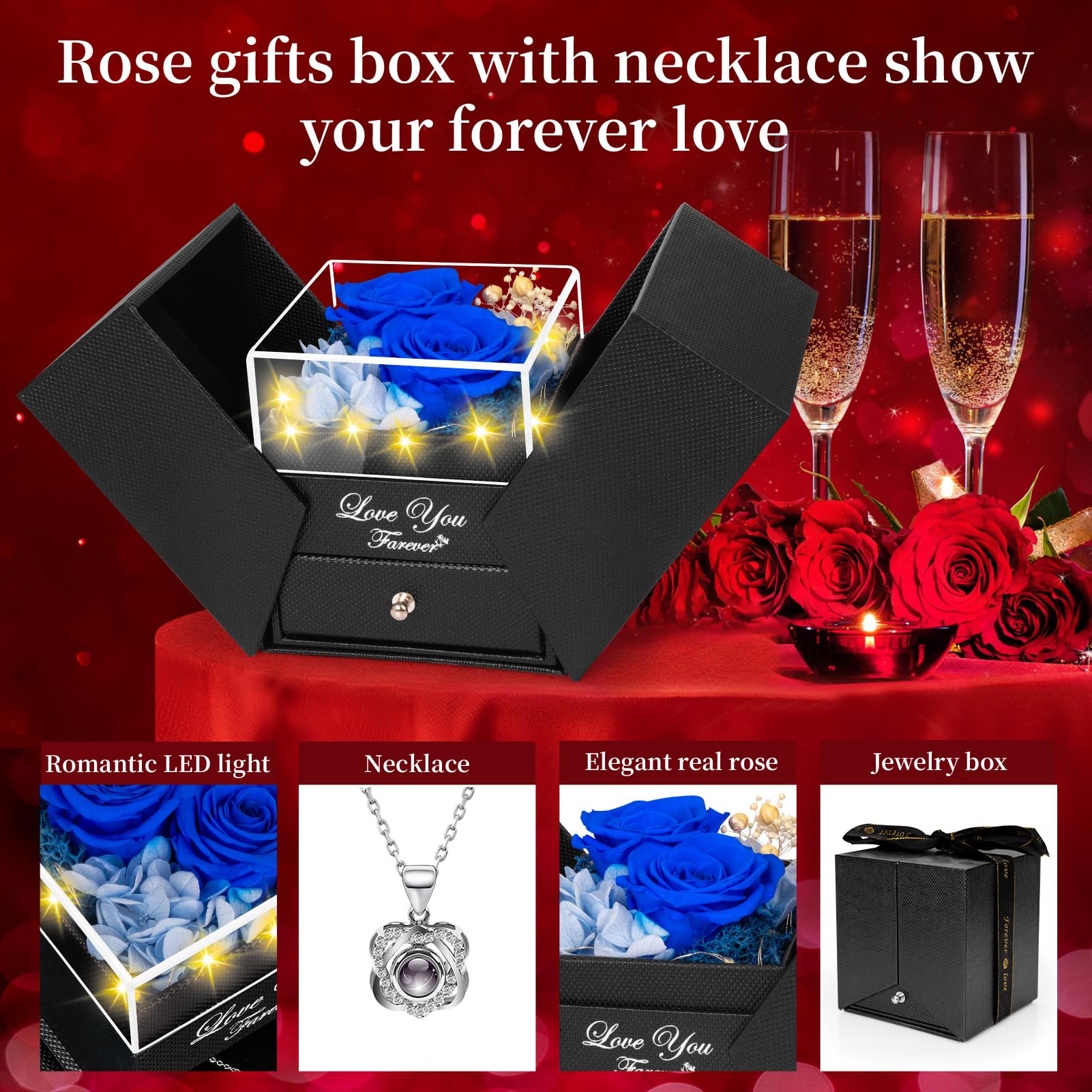 Lebana Preserved Red Real Rose with Heart I Love You Necklace -Mothers Day Gifts for Mom Her Wife Girlfriend Grandma on Valentines Mothers Day Christmas Birthday Anniversary Romantic-Red