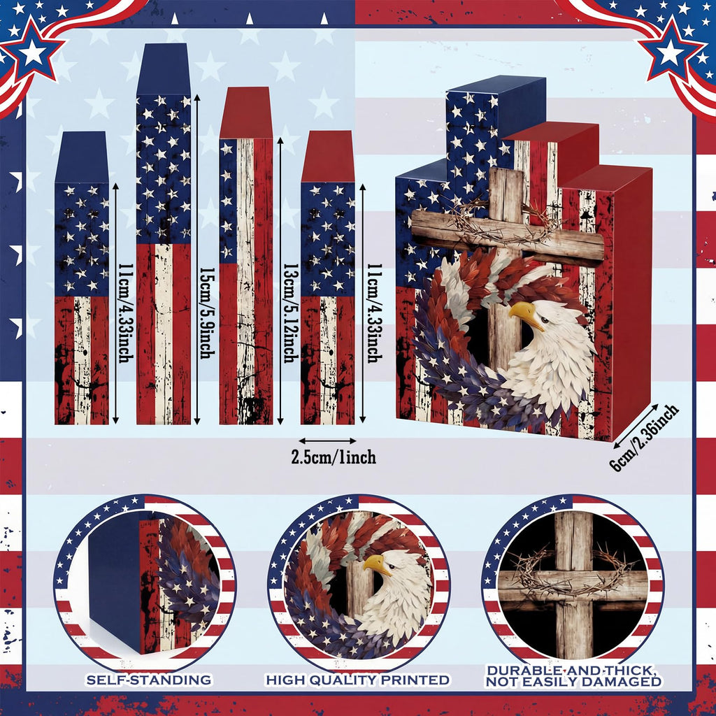 Amyhill 3 Pcs 4th of July Decorations Set Wooden Patriotic Table Centerpieces Independence Day Wood Firework Fourth of July Table Signs for 250th Anniversary Home Farmhouse Decor (Flag)