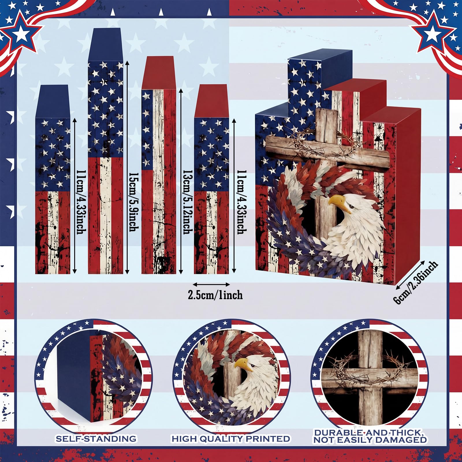 Amyhill 3 Pcs 4th of July Decorations Set Wooden Patriotic Table Centerpieces Independence Day Wood Firework Fourth of July Table Signs for 250th Anniversary Home Farmhouse Decor (Flag)