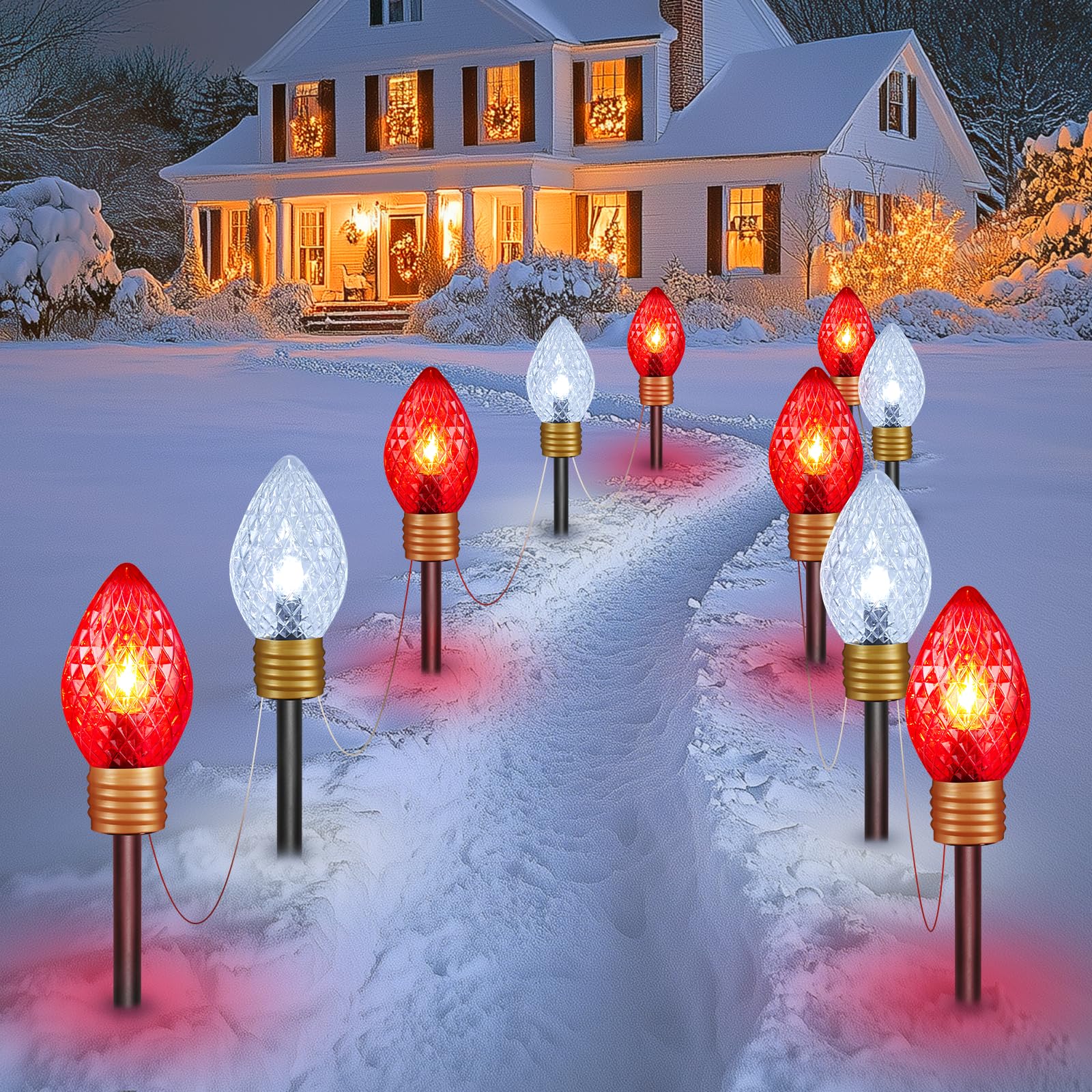 Jumbo C9 Christmas Pathway Lights Outdoor - 8.5 Feet 5 LED C9 Walkway Light, C7 Light Covered Jumbo Multicolor Bulb Christmas Lights Outdoor Decorations for Lawn Holiday Outside Yard Garden