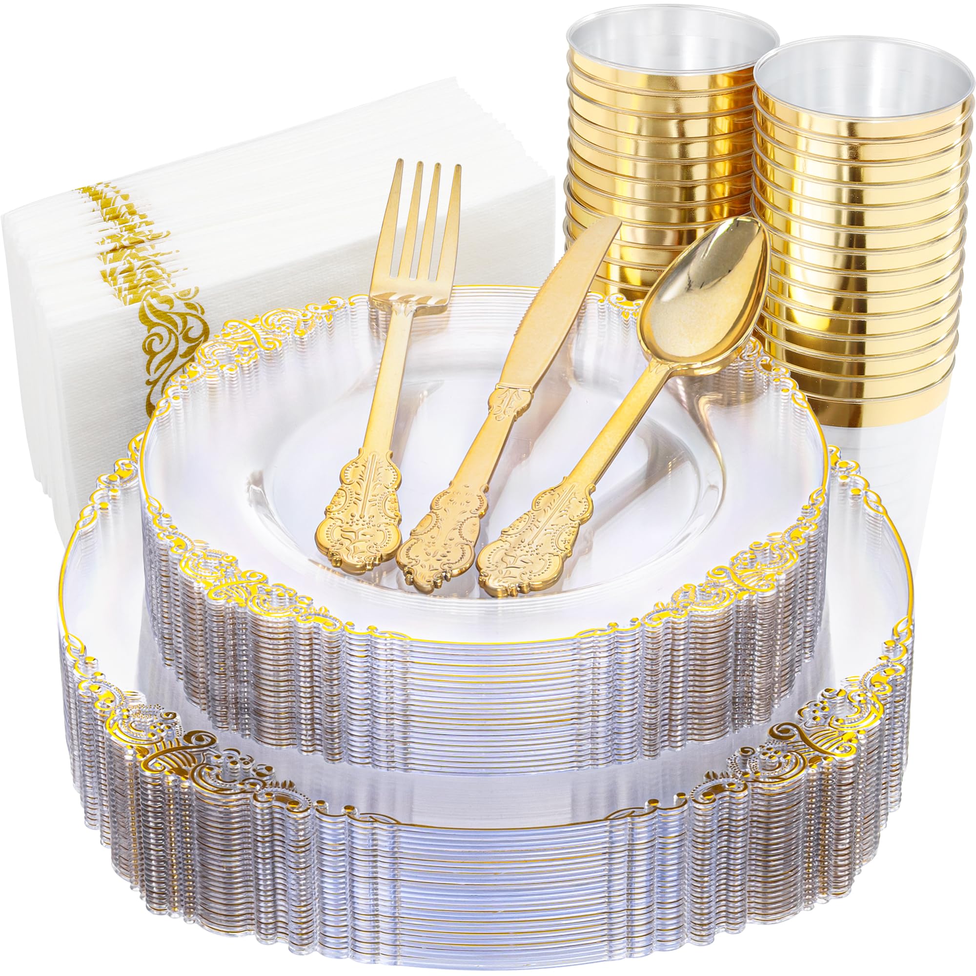 Nervure 175PCS Clear Blue Plastic Plates - Plastic Dinnerware Set Include 25Dinner Plates, 25Dessert Plates, 25Cups, 25Forks, 25Knives, 25Spoons, 25Napkins Perfect for Wedding & Party