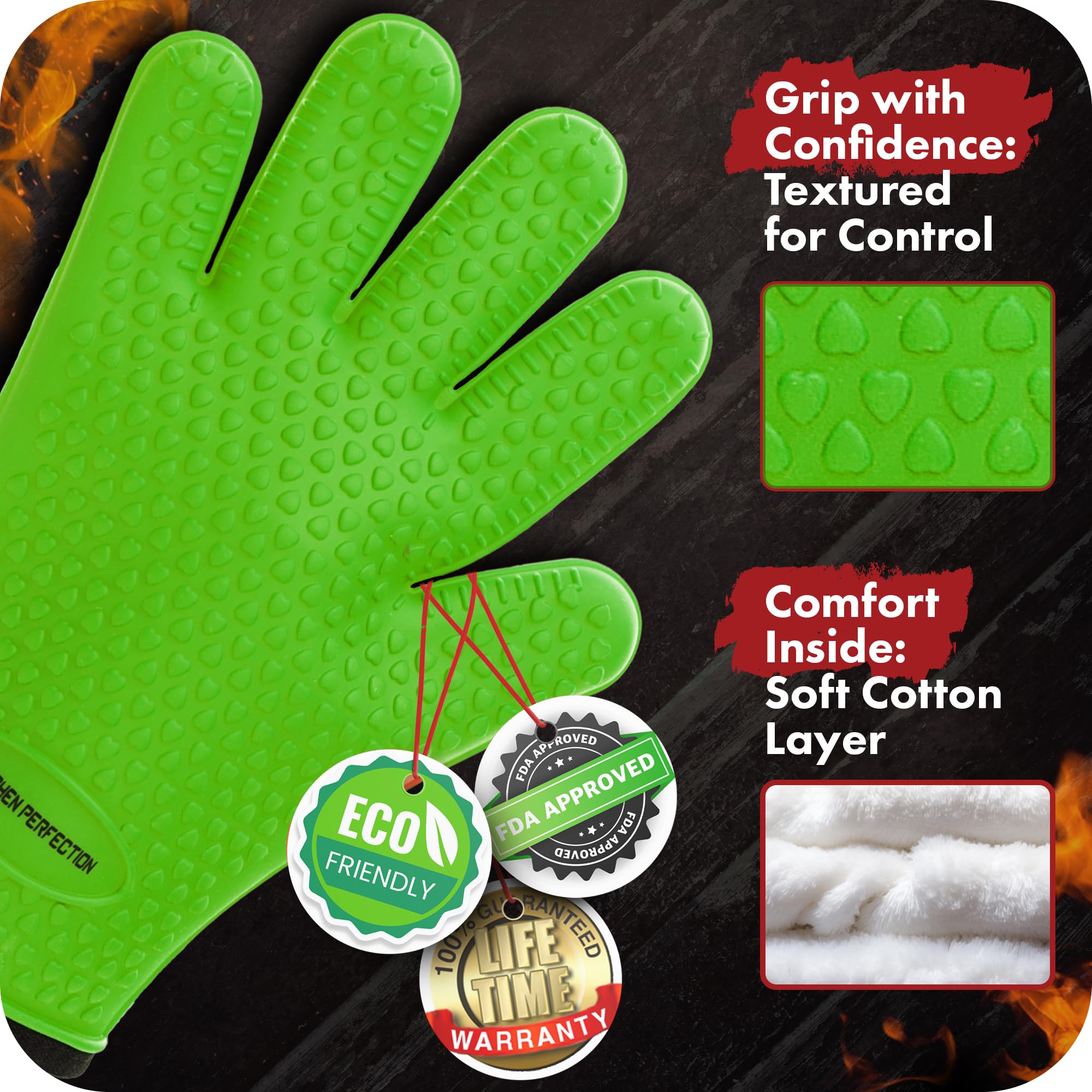 KITCHEN PERFECTION Silicone Oven & Griddle Gloves -Extreme Heat Resistant BBQ & Grilling Gloves -Handle Hot Food Right on Your Griddle |Waterproof Oven Mitts Grill Gloves |Superior Set+3 Bonuses