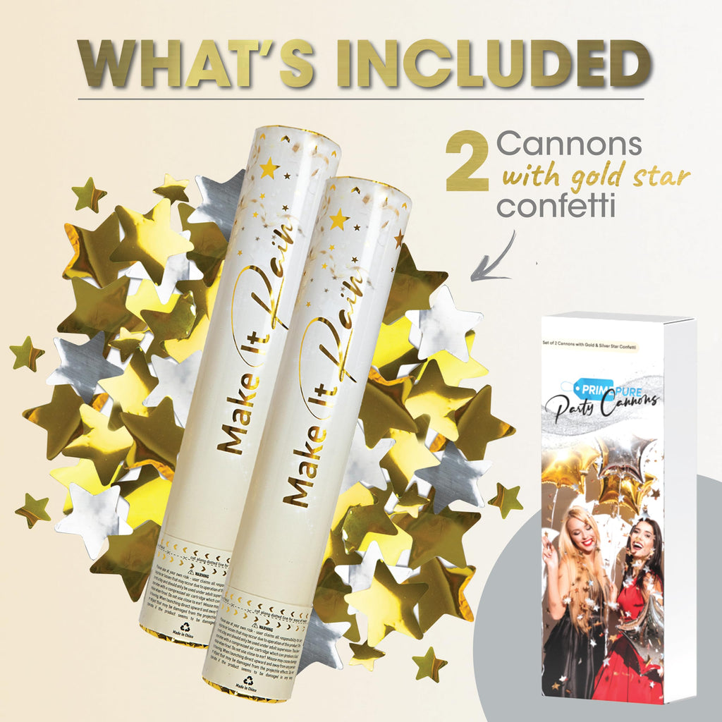 PrimePure Confetti Cannon Party Poppers - Gold Star Confetti Poppers - 2 Pack - Make It Rain Gold Glitter Stars Party Cannons Pop Gun for Birthday, Wedding, Graduation, Celebration, Events, Pranks