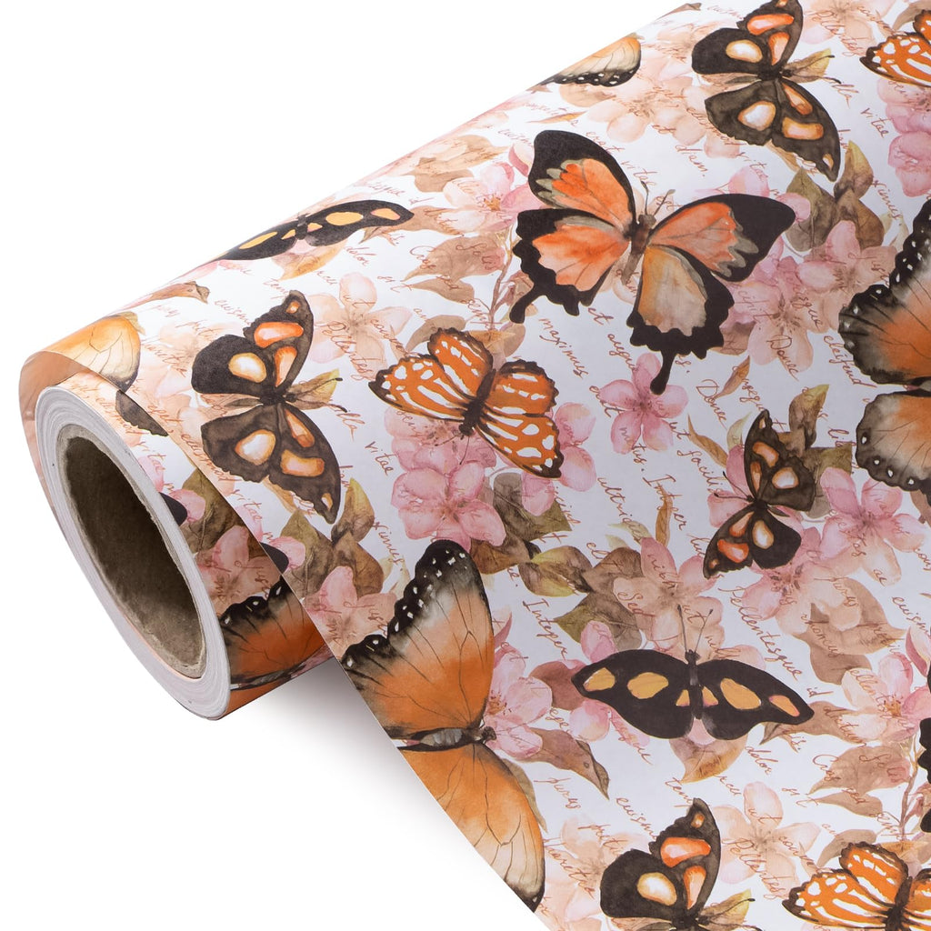 WRAPAHOLIC Kraft Floral Wrapping Paper Roll - Mini Roll - 17 Inch x 9.8 Feet - Spring Summer Garden Flower Design Perfect for Wedding, Bridal Shower, Birthday