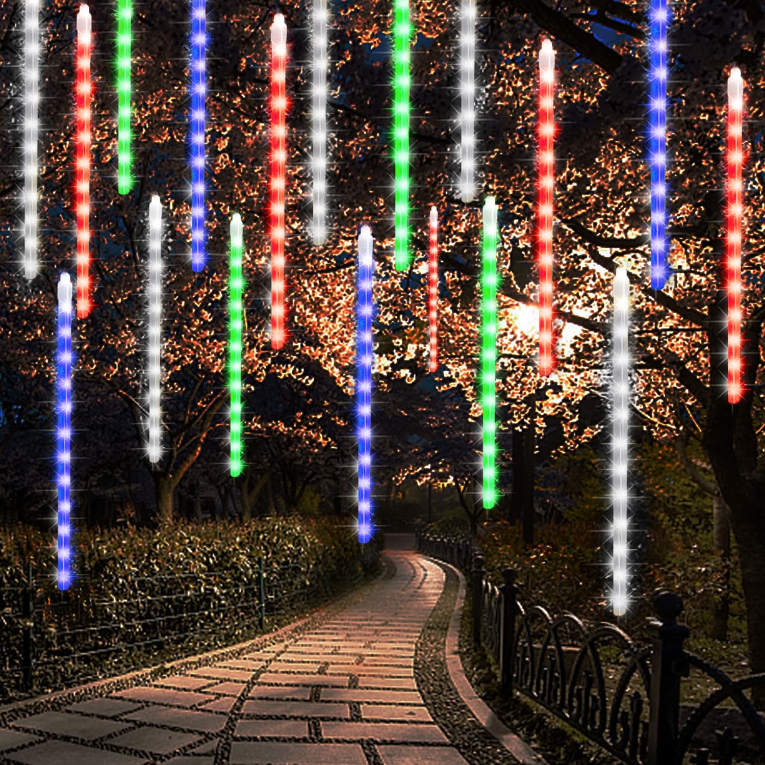 Meteor Outdoor Icicle Lights - 12 Inch, 288 LED, Snow Falling, Connectable, Red & Green, Xmas Wedding Party Tree Decor
