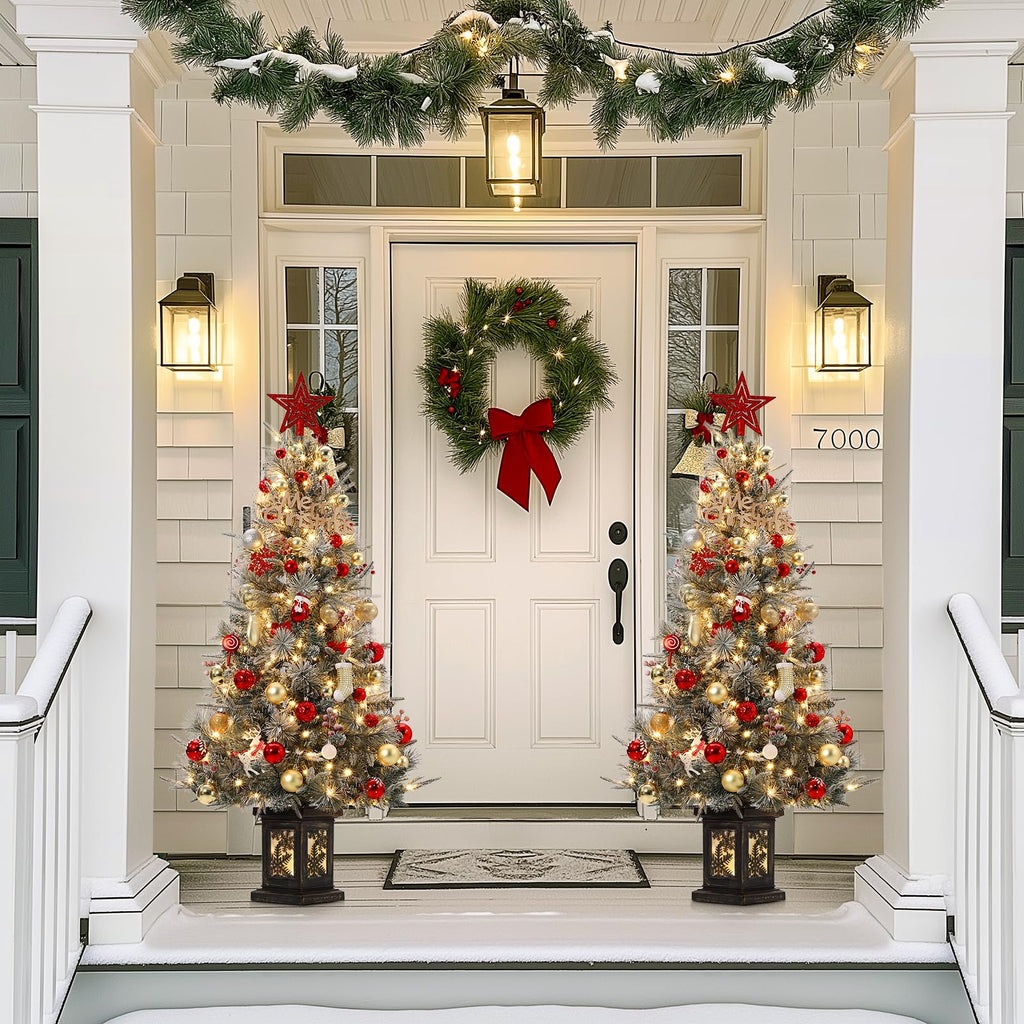 3FT Prelit Premium Snow Flocked Artificial Christmas Tree with Warm White LED, Mini Prelit Xmas Pine Tree for Christmas Decoration,Yard,Home,Office,Outdoor,Indoor,8 Mode Snowflake White Base- 1PC
