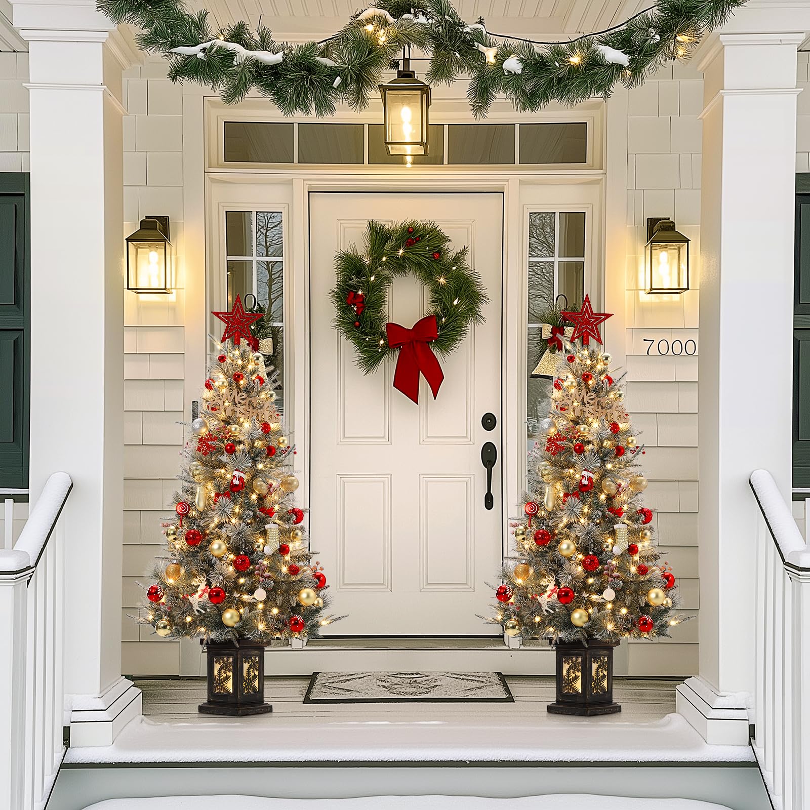 3FT Prelit Premium Snow Flocked Artificial Christmas Tree with Warm White LED, Mini Prelit Xmas Pine Tree for Christmas Decoration,Yard,Home,Office,Outdoor,Indoor,8 Mode Snowflake White Base- 1PC