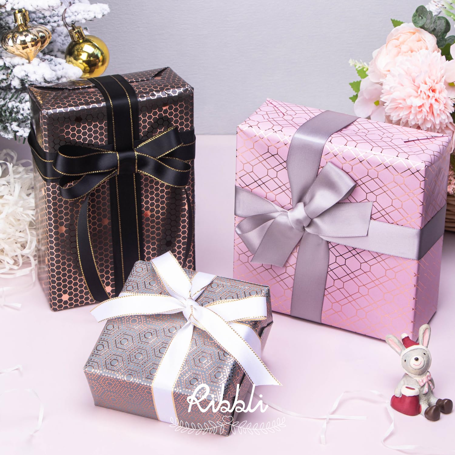 Ribbli Birthday Wrapping Paper Iridescent Gift Wrapping Paper Mini Roll, 3 Rolls Happy Birthday Polka Dots Stripes Printed Assortment - 17 inch x 120 inch(10feet) Per Roll