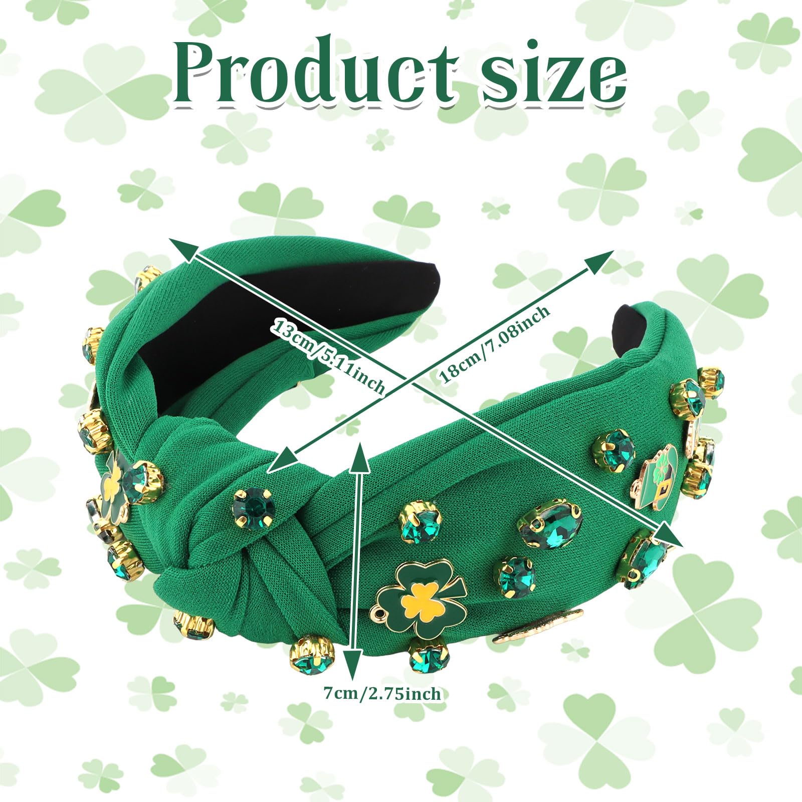 AMCAMI St.Patrick's Day Headband for Women,1Pcs Green Shamrock Embellished Rhinestone Knotted Headband,Wide Hairband with Leprechaun Boots Hats,St. Patrick's Day Party Gifts