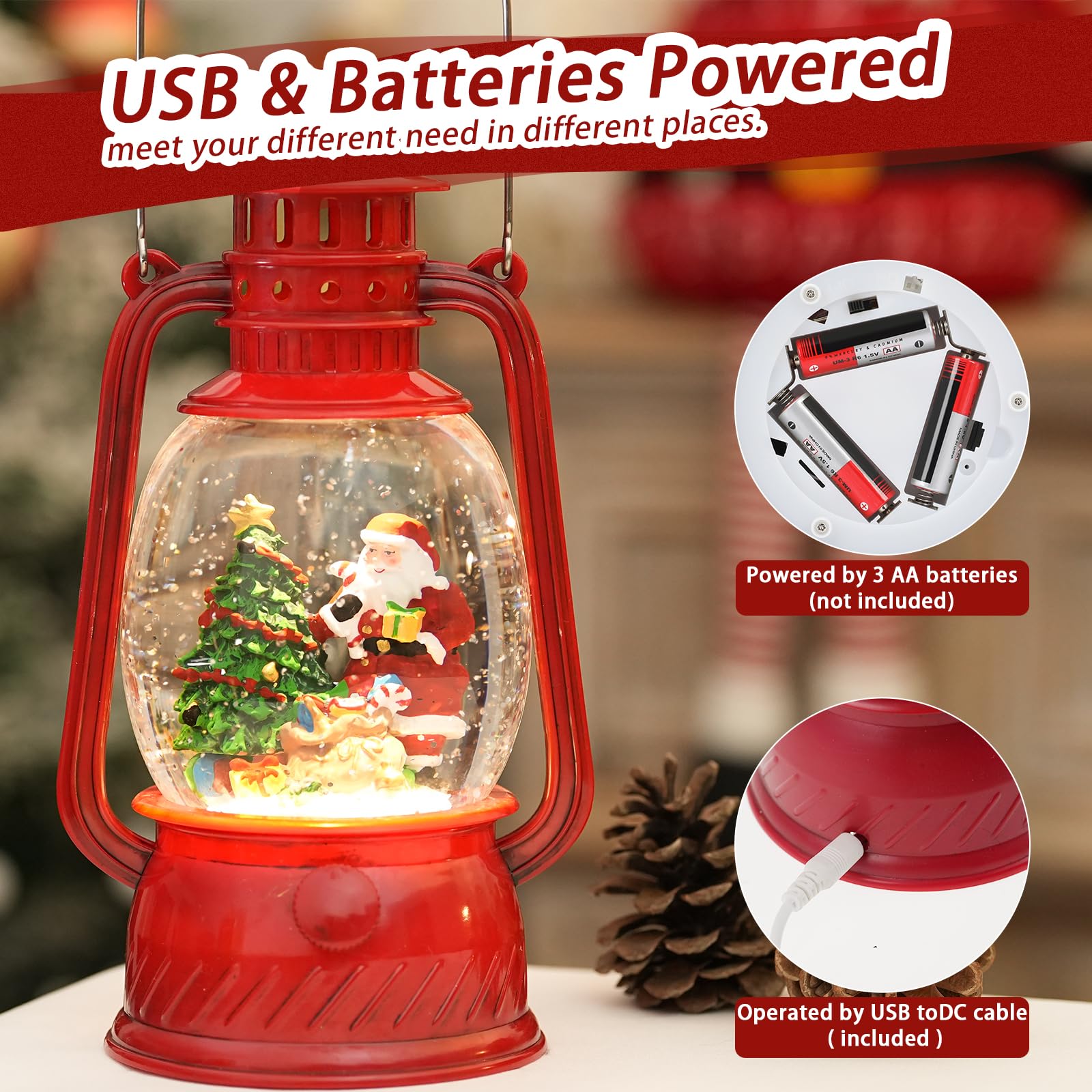Snow Globe Christmas Decorations Indoor, Santa Claus Lighted Musical Christmas Snow Globes Lantern with Glitter & 6H Timer, Santa Claus Christmas Decorations for Home