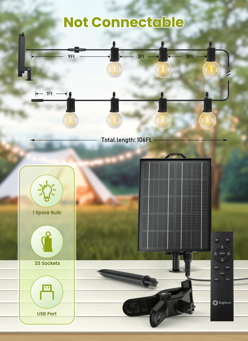 Brightown 58FT Solar String Lights Outdoor with Remote Cable Ties Hooks, 26 LED Shatterproof Bulbs, 3 Light Modes, Dimmer & Timer, Commercial Grade Patio Lights for Yard Balcony Pergola Party Decor