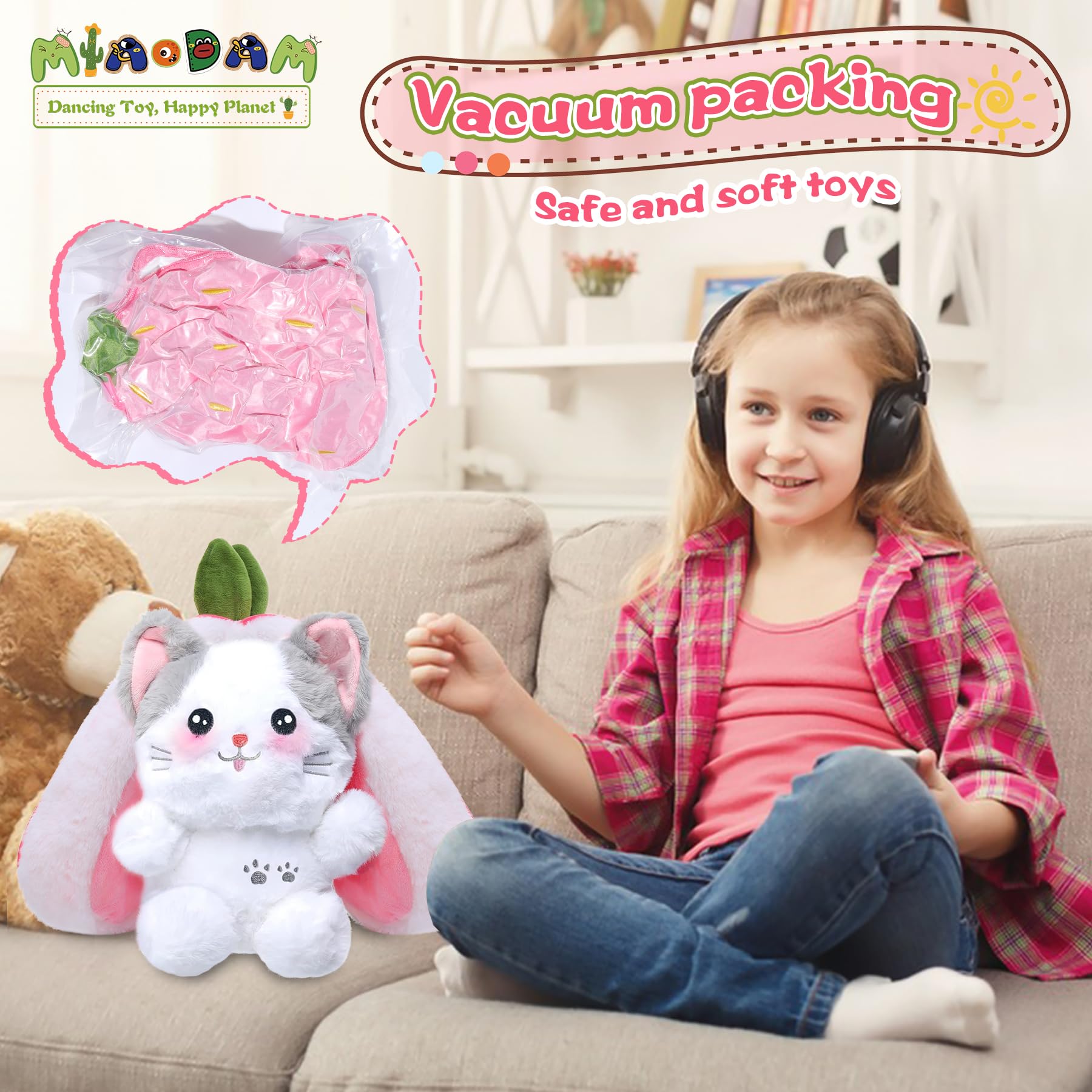 MIAODAM Bunny Stuffed Animal Reversible Cuddle Bunny Stuffed,Strawberry Bunny Transformed Rabbit Plush Zipper,Turns Into Ears Bunnies Plushies Toy Cute Stuffy Doll Easter
