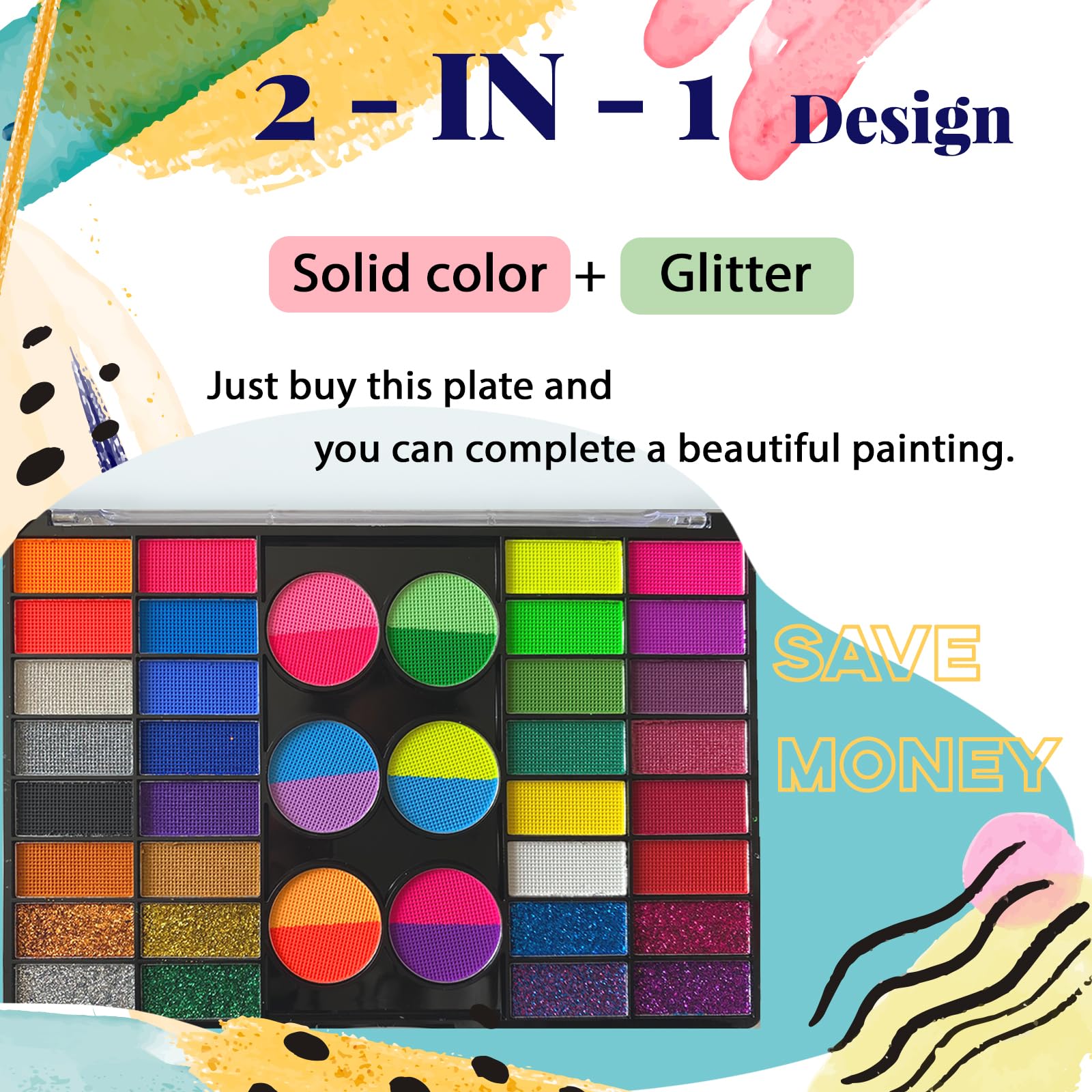Face Painting Kit for Kids, 42 Colors Professional Face Paint Makeup Kit Non-Toxic Water Activated Facepaint Palette with Brush, Stencil, Sponge, Gem, for Party Halloween Christmas (42 Colors)