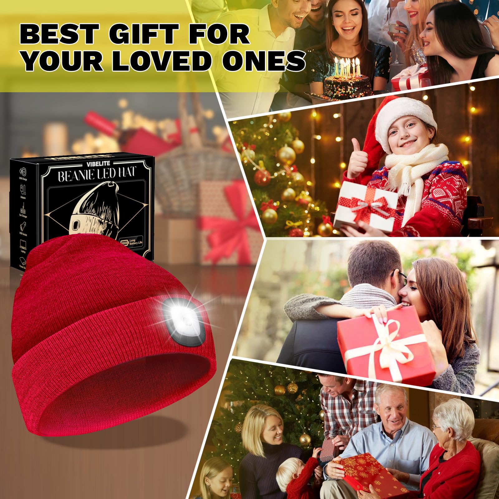 VIBELITE LED Beanie Hat with Light, USB Rechargeable LED Headlamp for Hiking, Camping, Fathers Day Gift for Dad, Husband, Birthday Gifts for Men, Women, Dad Gifts from Daughter, Wife, Black