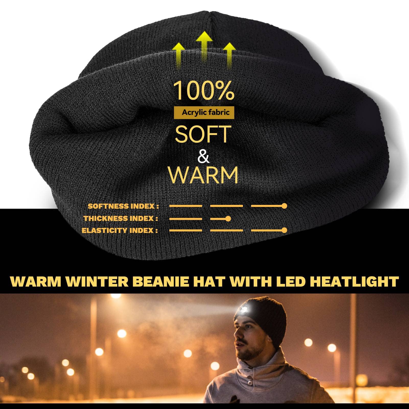 VIBELITE LED Beanie Hat with Light, USB Rechargeable LED Headlamp for Hiking, Camping, Fathers Day Gift for Dad, Husband, Birthday Gifts for Men, Women, Dad Gifts from Daughter, Wife, Black