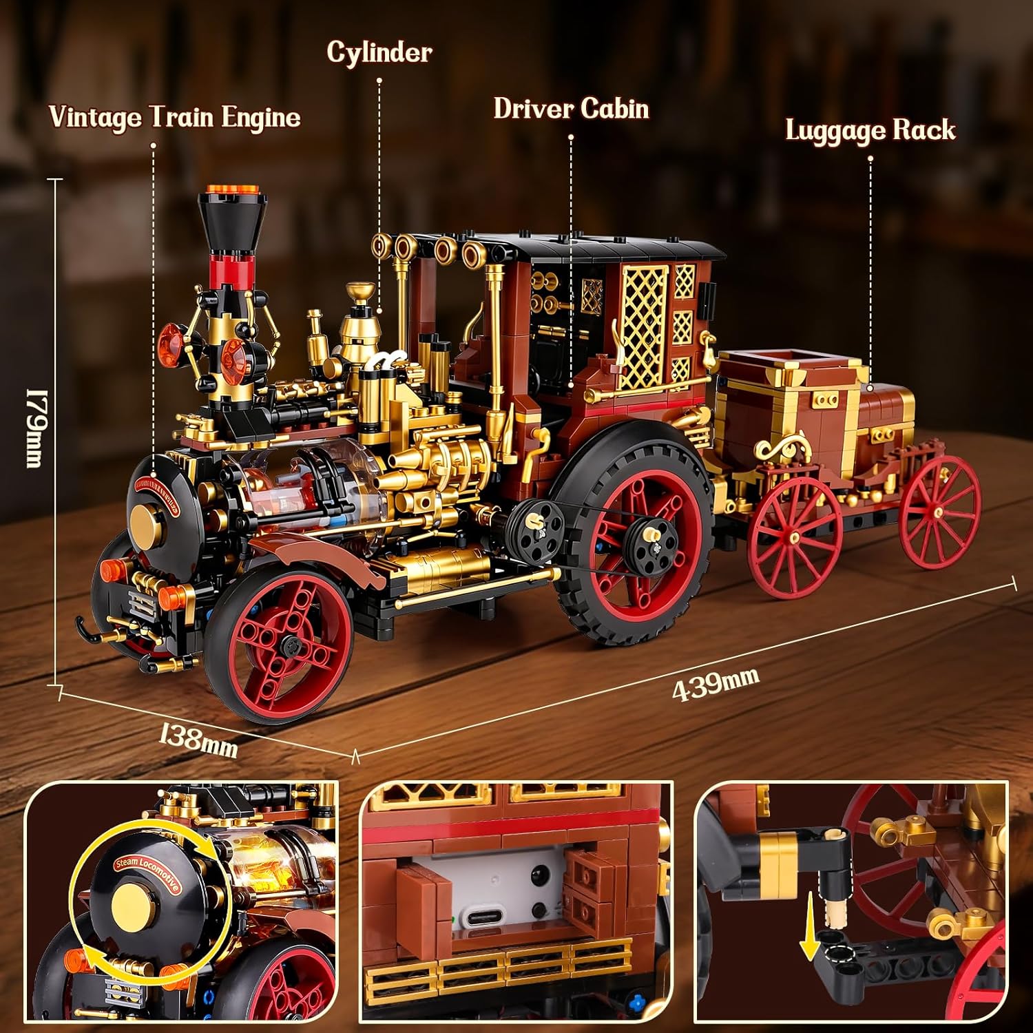 OWNONE 1 Vintage Car Steam Engine Building Blocks Set with Lights, Western Retro Steam Tractor Locomotive Model Building Kit for Vintage & West Lovers, Creative Home Office Decor Gift for Adults Teens