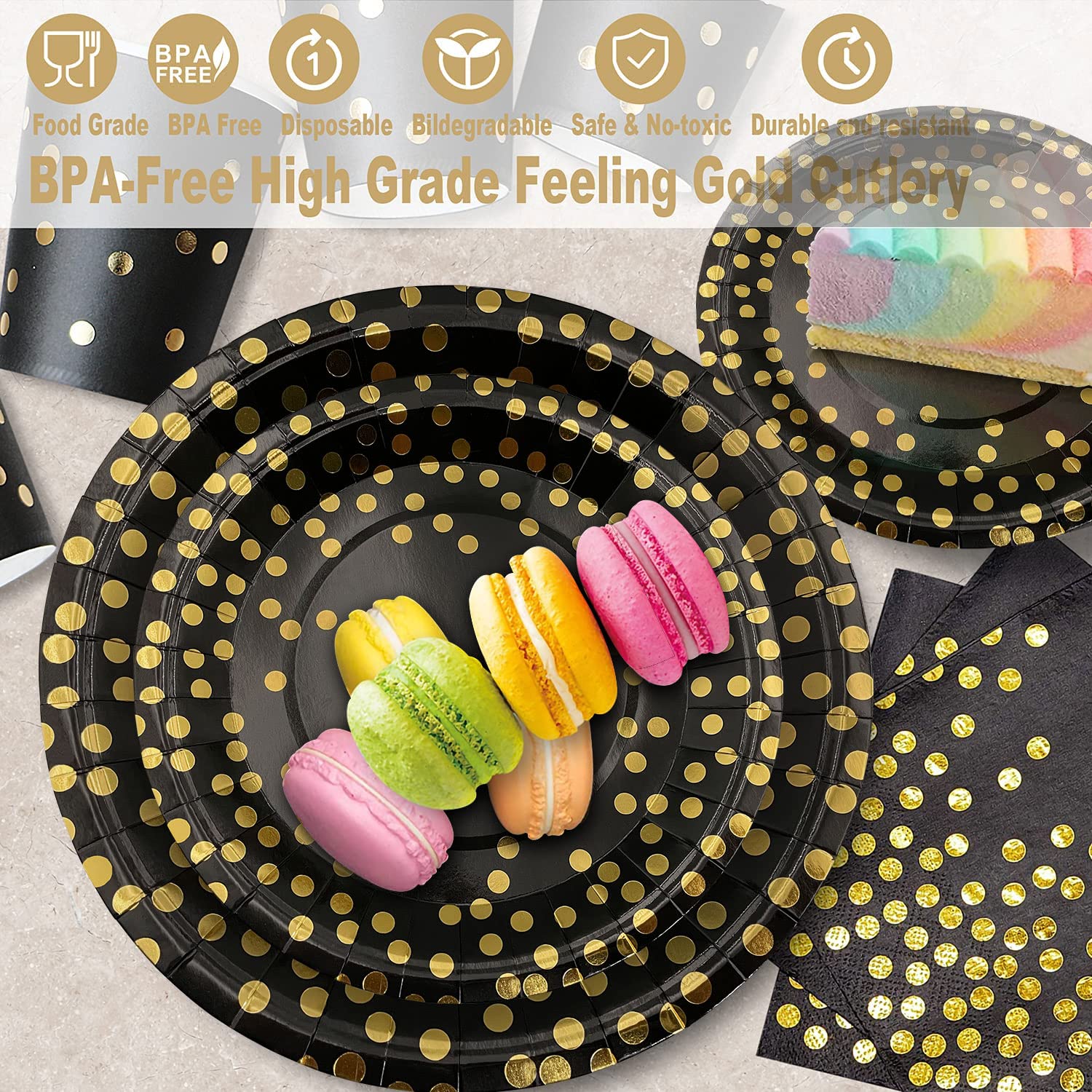 AIRE 175PCS Black and Gold Paper Plates Party Supplies for 25 Guests Disposable Party Decorations Dinnerware Golden Dot Black Paper Plates Napkins Cups Gold Plastic Forks Knives Spoons for Mothers Day