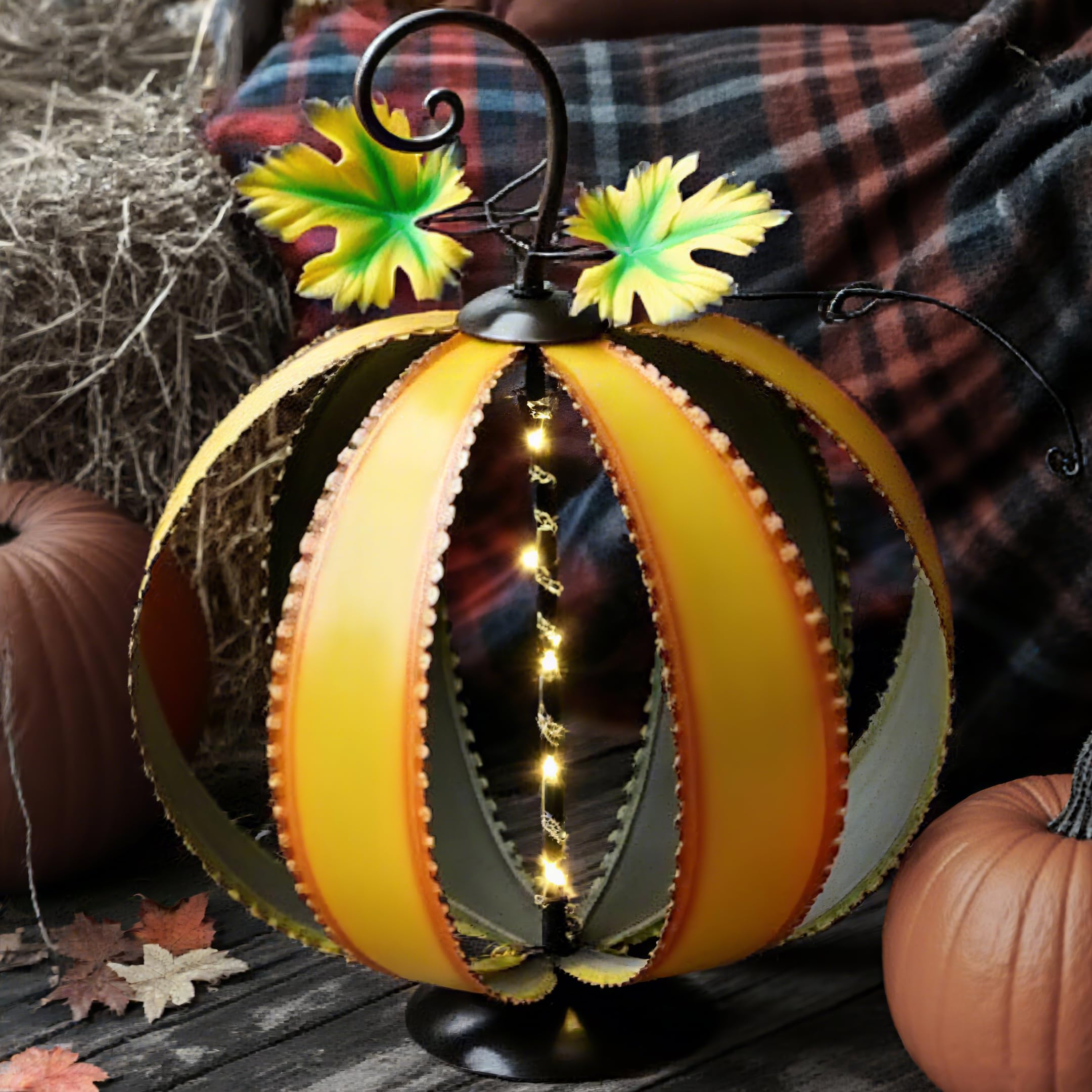 TERESA'S COLLECTIONS Fall Decor, Pumpkin Decor, Large Orange Pumpkin Decor with Light, 15.4", Metal Outdoor Fall Decor, Pumpkin Gifts, Fall Gifts, Thanksgiving Gifts, Indoor/Outdoor