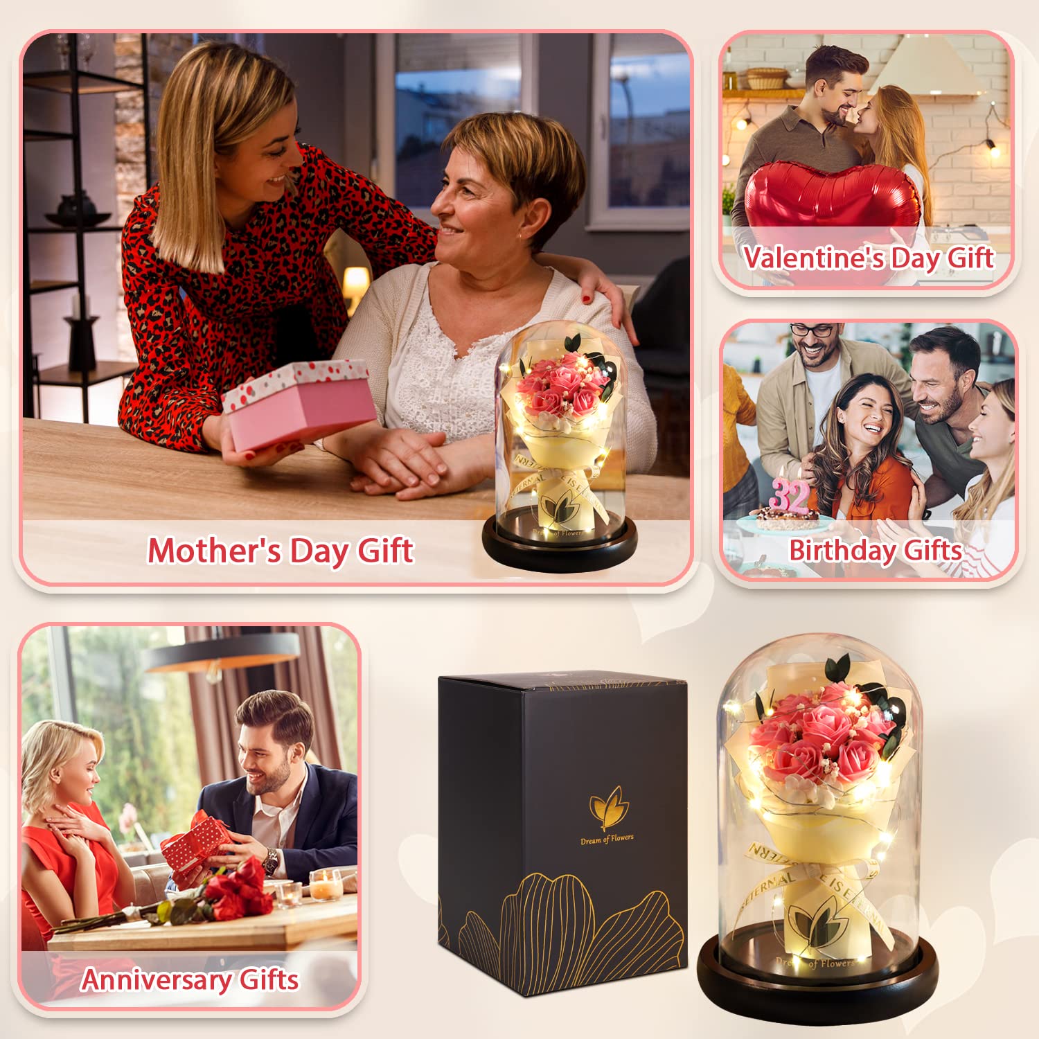 Beauty and The Beast Rose for Mom, Birthday Gifts for Women, Light Up Roses, Glass Dome Rose with LED Lights, Red Roses, Women's Gift for Mom Wife Grandmother