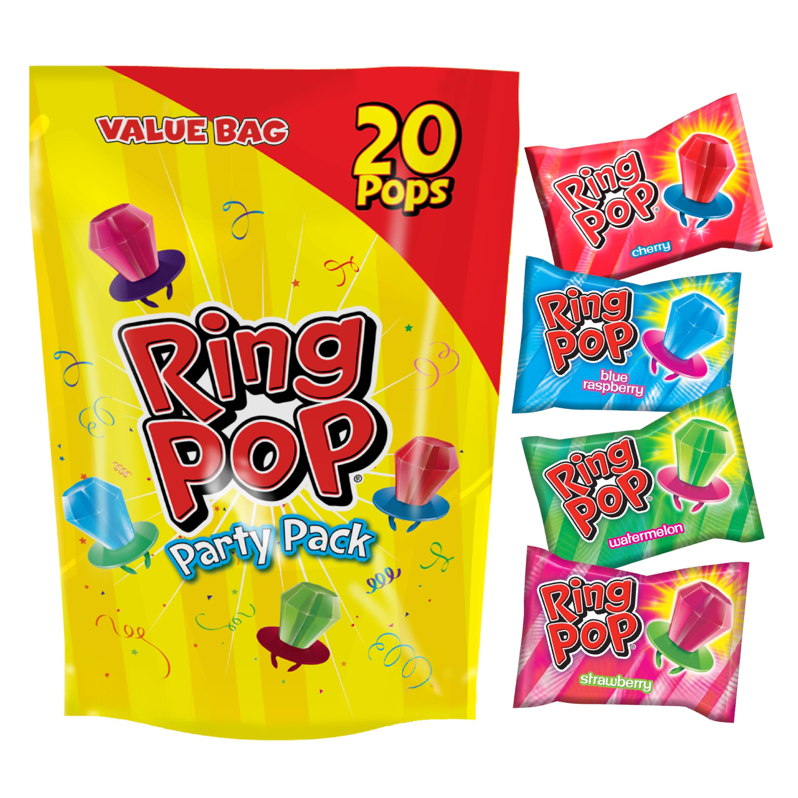 Ring Pop Lollipops - Bulk Candy Individually Wrapped Suckers Variety Party Pack- 50 Count w/Assorted Flavors - Hard Candy for Party Favors, Kids & Goodie Bags, 25 Ounce