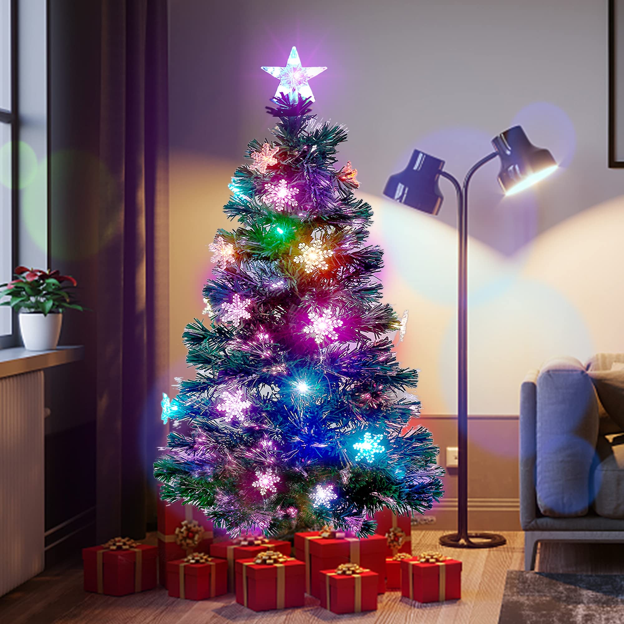 Prsildan 4 FT Artificial Christmas Tree, Pre-Lit Optical Fiber Xmas Trees with Multicolor LED Lights, Snowflakes & Top Star, Lighted Christmas Tree Holiday Home Decor