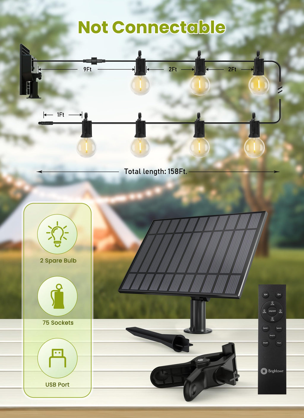 Brightown 58FT Solar String Lights Outdoor with Remote Cable Ties Hooks, 26 LED Shatterproof Bulbs, 3 Light Modes, Dimmer & Timer, Commercial Grade Patio Lights for Yard Balcony Pergola Party Decor