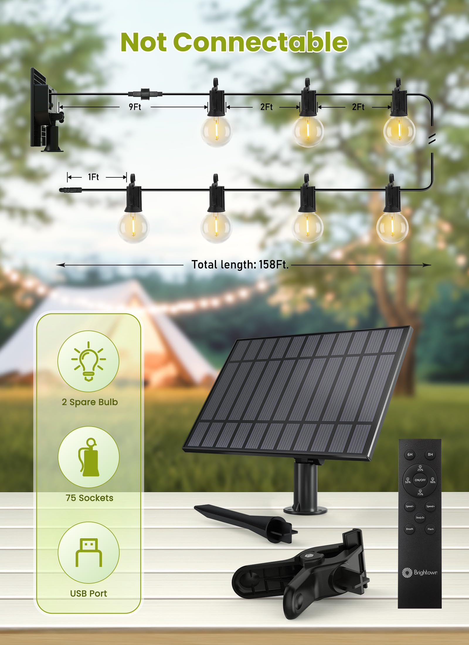 Brightown 58FT Solar String Lights Outdoor with Remote Cable Ties Hooks, 26 LED Shatterproof Bulbs, 3 Light Modes, Dimmer & Timer, Commercial Grade Patio Lights for Yard Balcony Pergola Party Decor