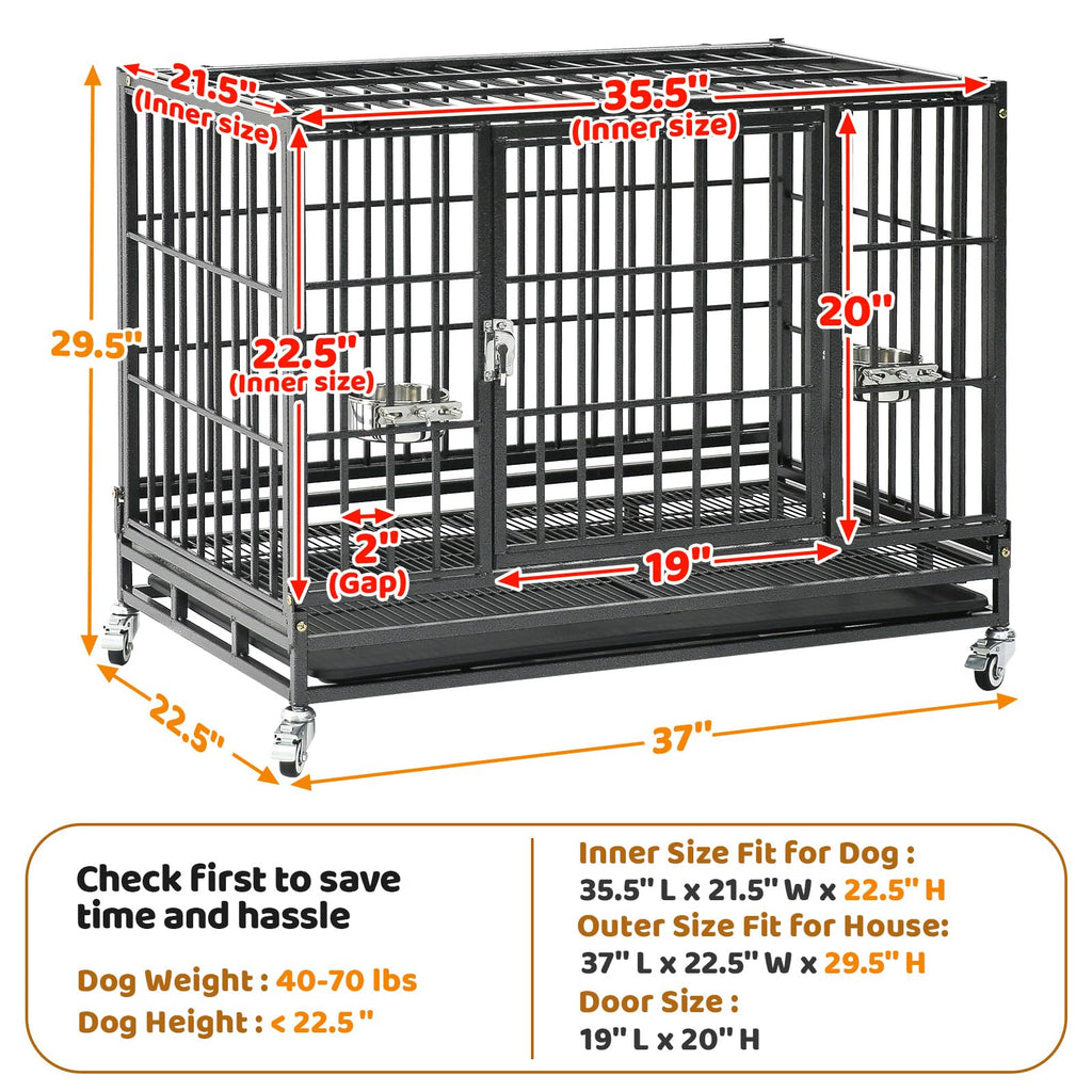 Homey Pet 37 Inch Heavy Duty Dog Crate for Medium Dogs, Stackable Dog Cage with Four Lockable Wheels, Removable Tray & Grid, Open Top, Escape Proof Dog Kennel Indoor