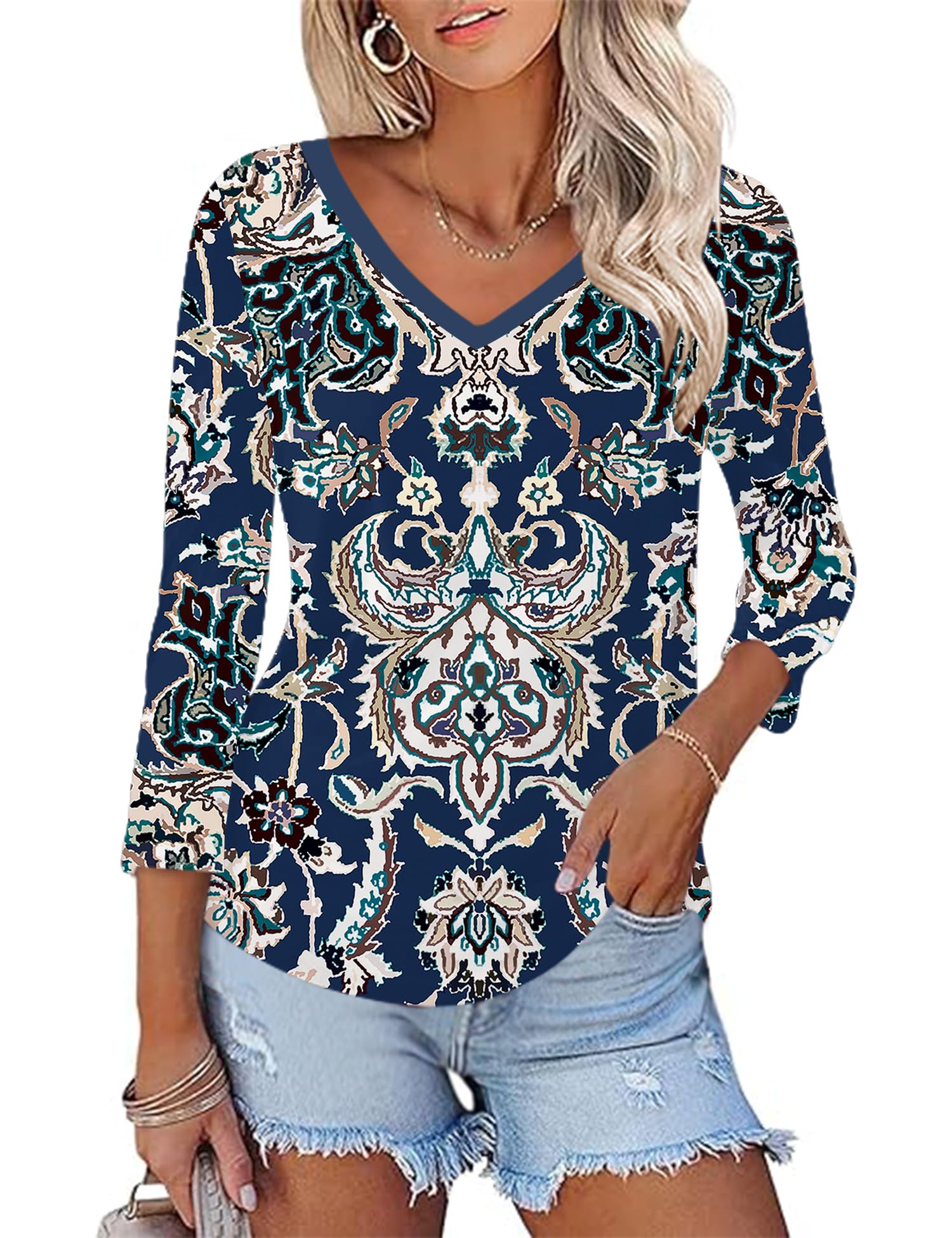 KTILG Women's V Neck T Shirts 3/4 Sleeve Blouse Summer Tops Dressy Casual Solid Basic Tees