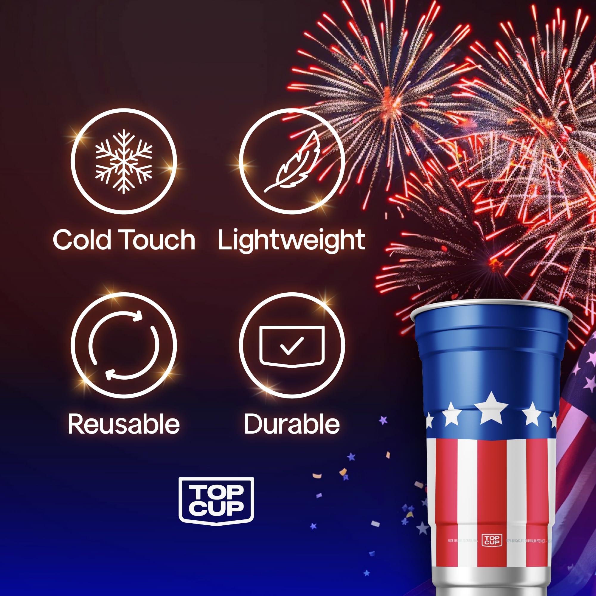 Top Cup America's 250th Birthday 20 oz Reusable Aluminum Party Cups 20 Count | Durable, Reusable & Recyclable, Made in USA
