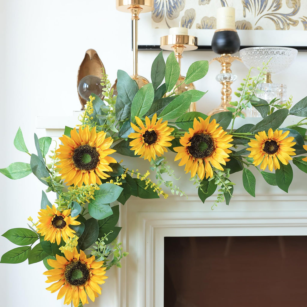 Mizii Artificial Sunflower Garland 6FT Fake Silk Sunflowers Flower Garland Autumn Hanging Vines Decorations for Kitchen Table Centerpieces Room Wall Party Wedding Birthday Fall Decor (Orange)