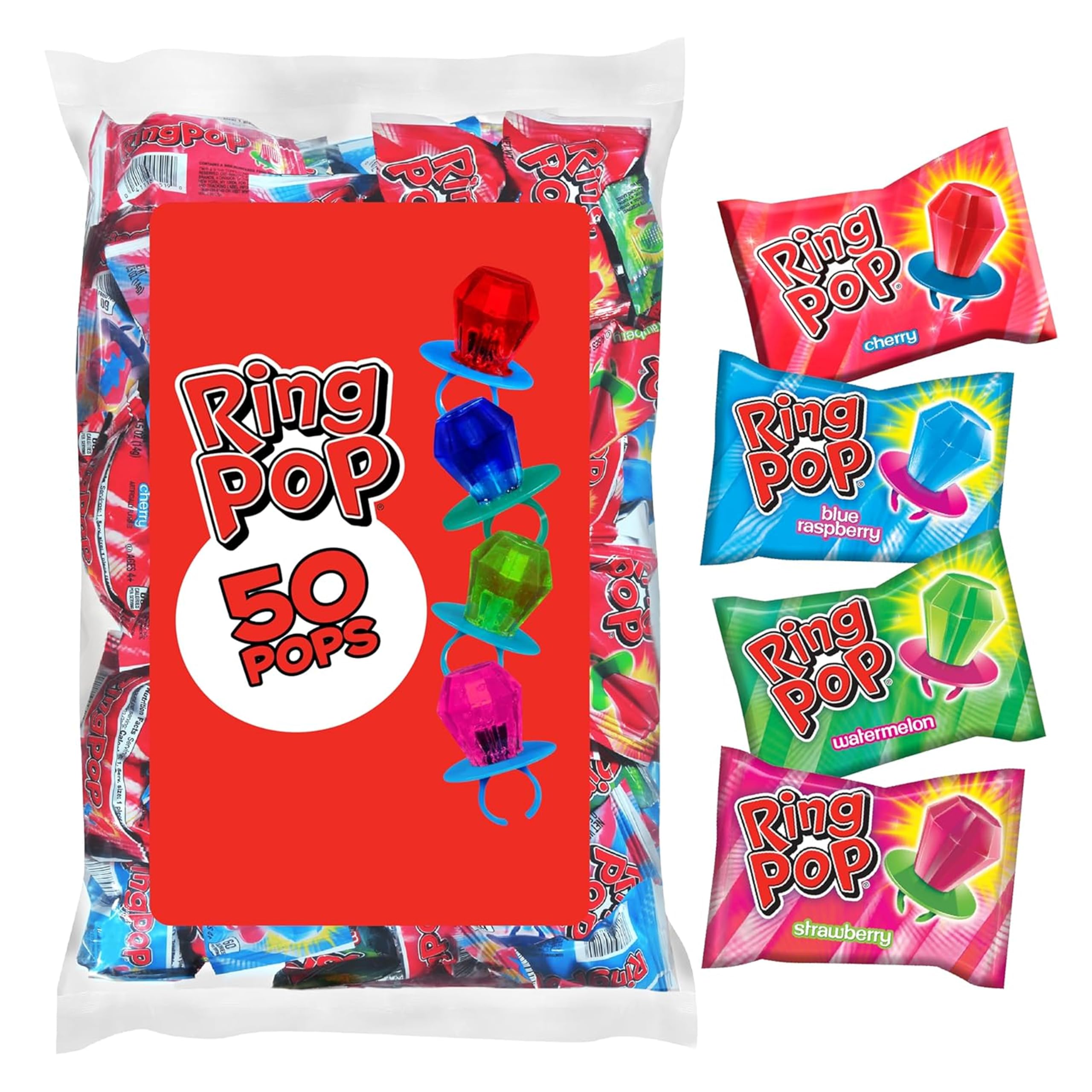 Ring Pop Lollipops - Bulk Candy Individually Wrapped Suckers Variety Party Pack- 50 Count w/Assorted Flavors - Hard Candy for Party Favors, Kids & Goodie Bags, 25 Ounce