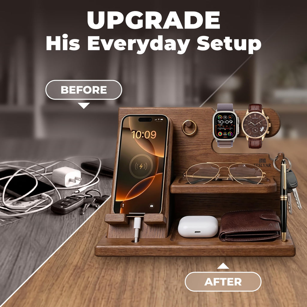TESLYAR Wood Phone Docking Station for Men - Desk or Nightstand Organizer - Birthday Gifts for Husband, Dad - Anniversary Idea from Wife - Key Holder, Stand Wallet, Watch & Essentials (Bourbon Brown)
