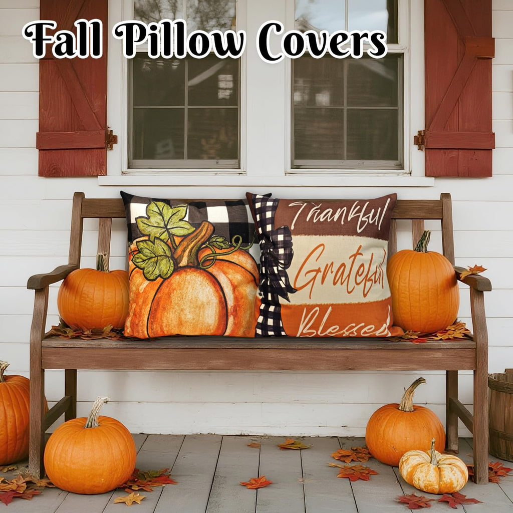 Fall Pillow Covers 18x18 Inch Autumn Pumpkin Maple Leaf Throw Pillowcase Orange Cushion Case for Thanksgiving Home Farmhouse Couch Sofa Bed Indoor Outdoor Decor (Set of 4)