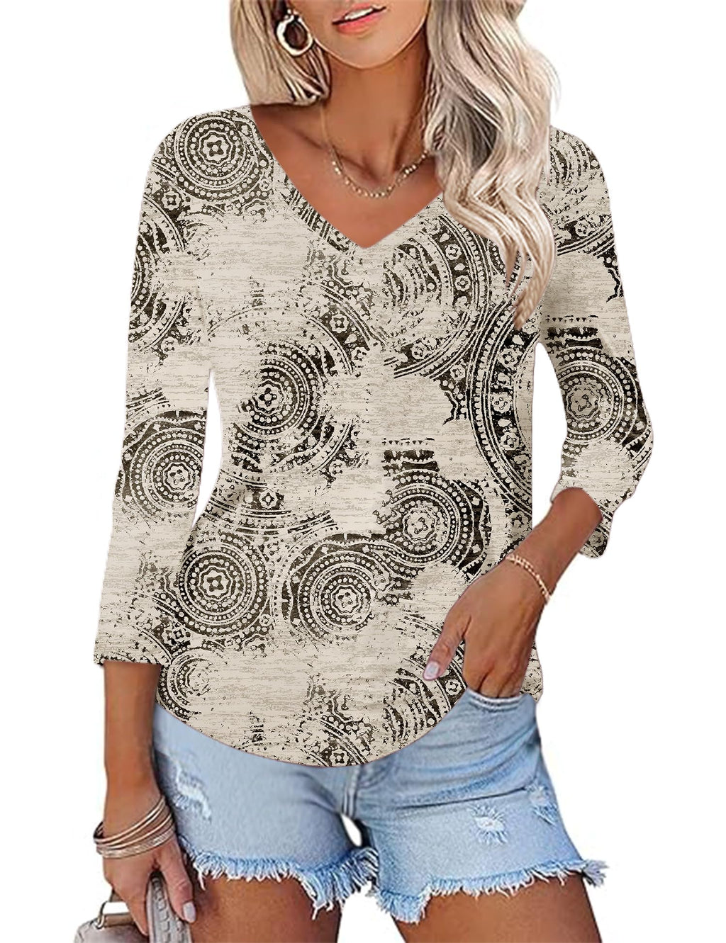 KTILG Women's V Neck T Shirts 3/4 Sleeve Blouse Summer Tops Dressy Casual Solid Basic Tees