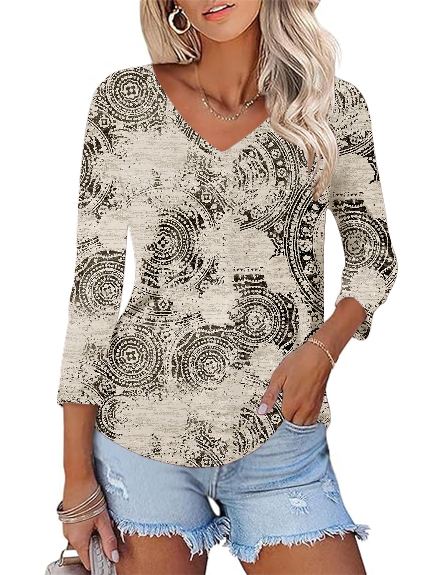 KTILG Women's V Neck T Shirts 3/4 Sleeve Blouse Summer Tops Dressy Casual Solid Basic Tees