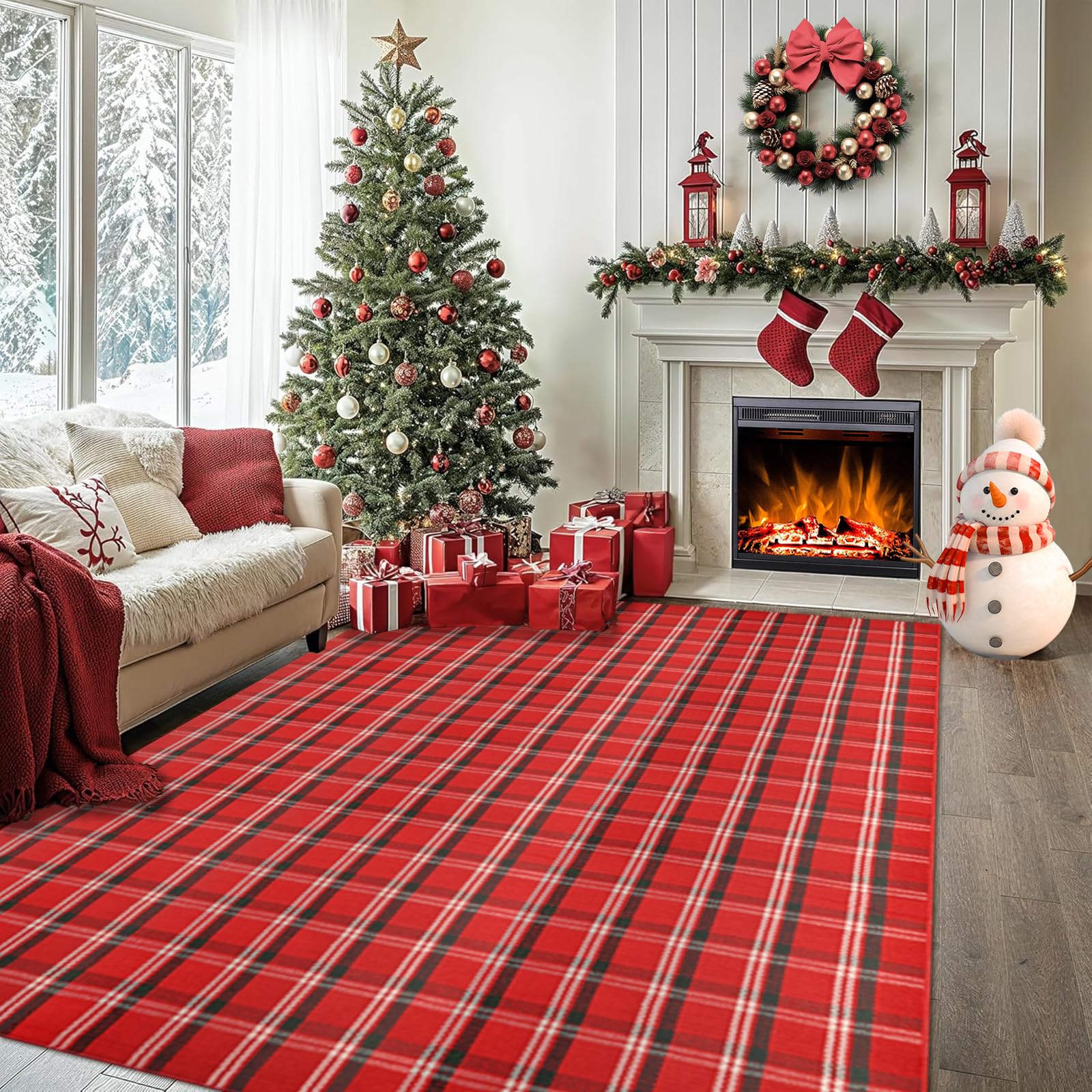 Orange and Black Plaid Rug, 28'' x 43'' Fall Outdoor Front Door Decor Mat, Cotton Washable Hand-Woven Rug for Layered Doormat, Autumn Halloween Thanksgiving Carpet for Porch, Entryway