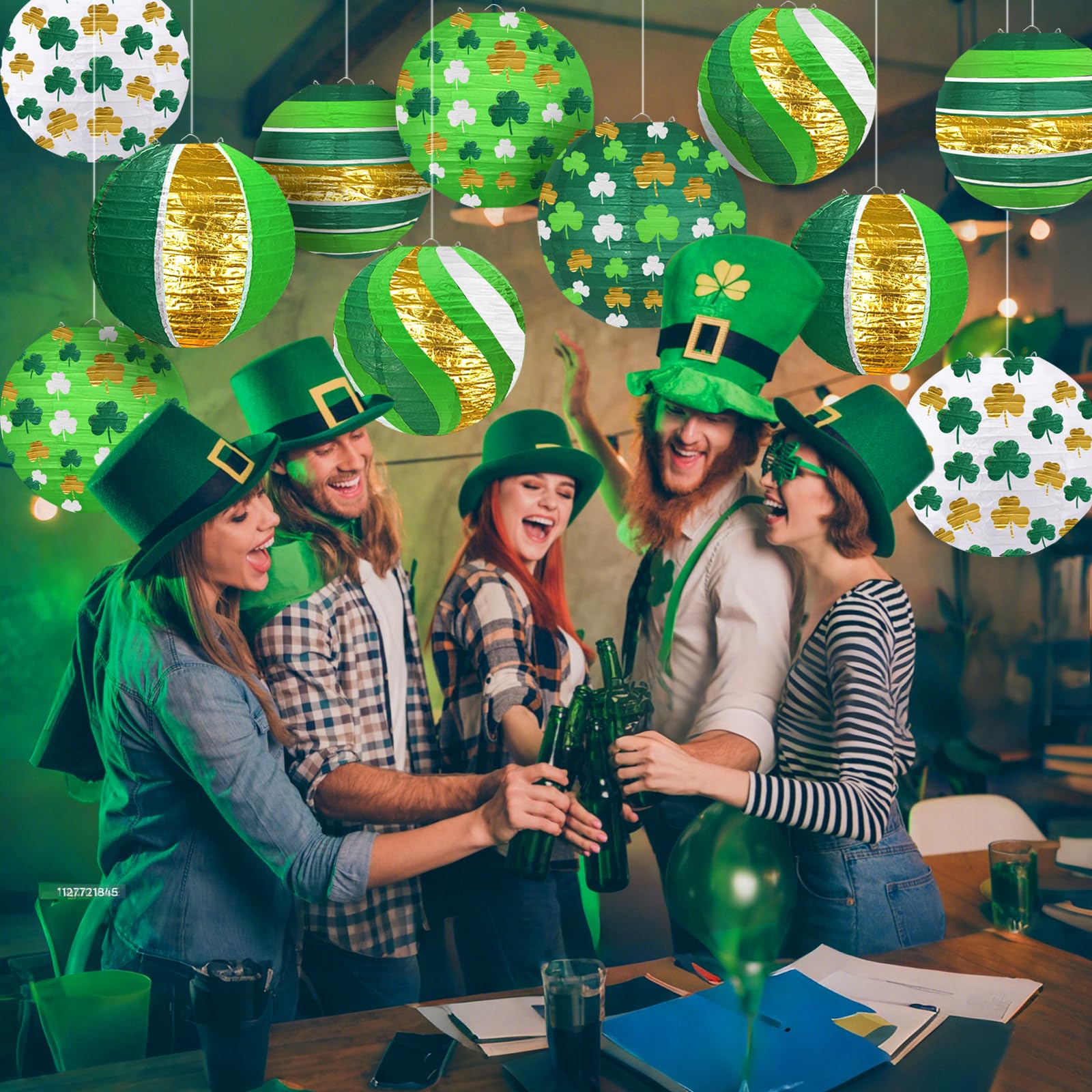 12 PCS Lucky Green Paper Lanterns, 8" Hanging Clover Decorations for Garden Party, Casino Night, The Lucky One Baby Shower, Irish Wedding & Spring Events, St. Patrick's Day
