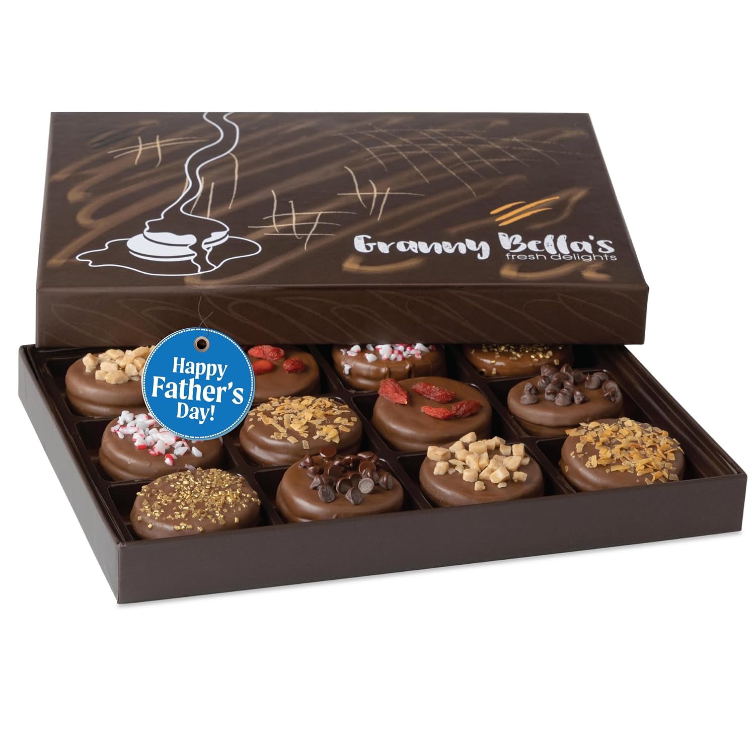 Granny Bellas Mothers Day 12 Chocolate Covered Cookies, Gift Basket for Him, Her Gourmet Candy Spring Baskets Treats Gifts Box for Food Delivery for Mother, Mom, Wife, Grandmother, Grandma, Daughter, Sister