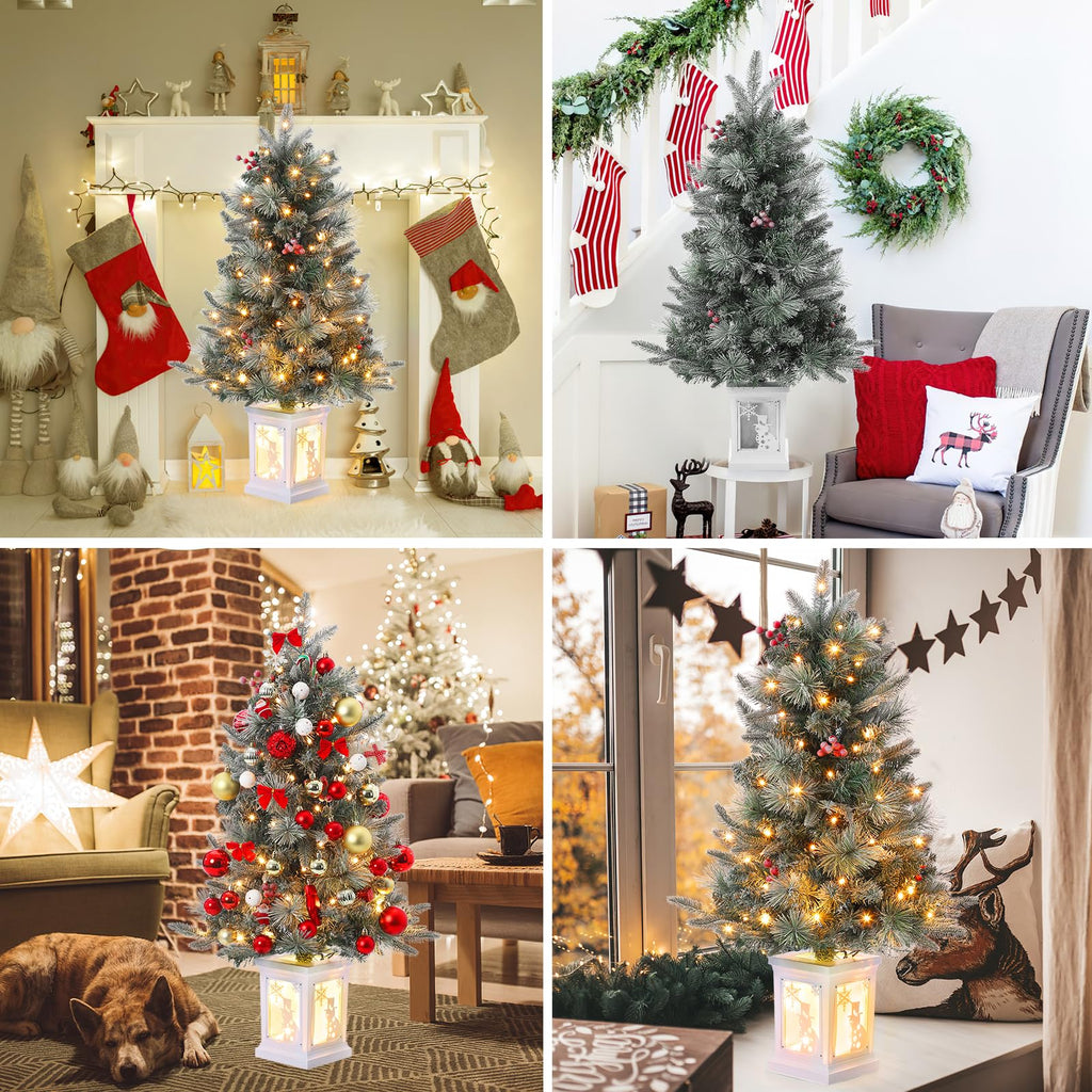 3FT Prelit Premium Snow Flocked Artificial Christmas Tree with Warm White LED, Mini Prelit Xmas Pine Tree for Christmas Decoration,Yard,Home,Office,Outdoor,Indoor,8 Mode Snowflake White Base- 1PC
