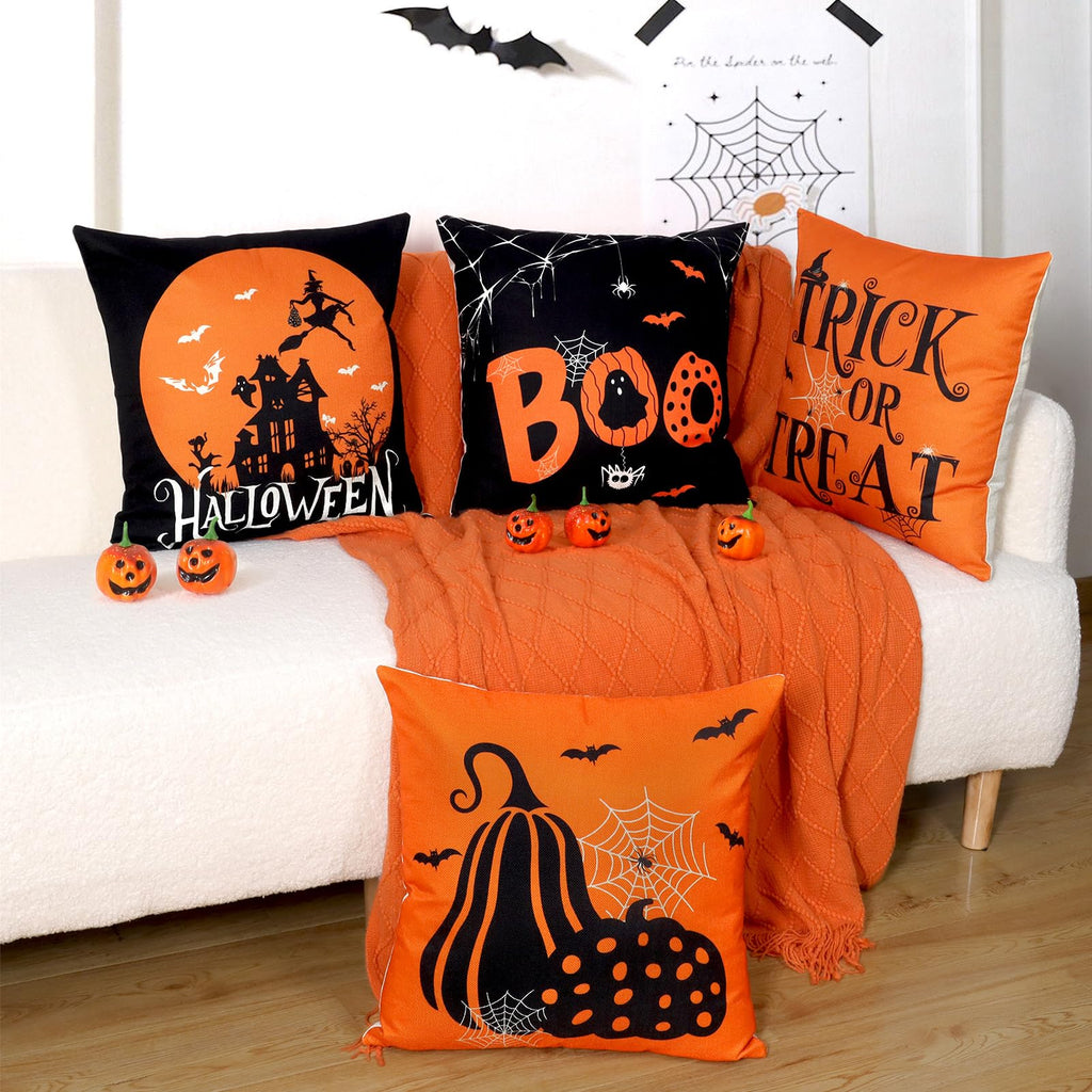 Hongsome Fall Decorations for Home-Throw Pillow Covers 18x18in Set of 4,Pumpkin Linen Pillow Case for Thanksgiving Couch Autumn Holiday Outdoor Burnt Orange White Decor