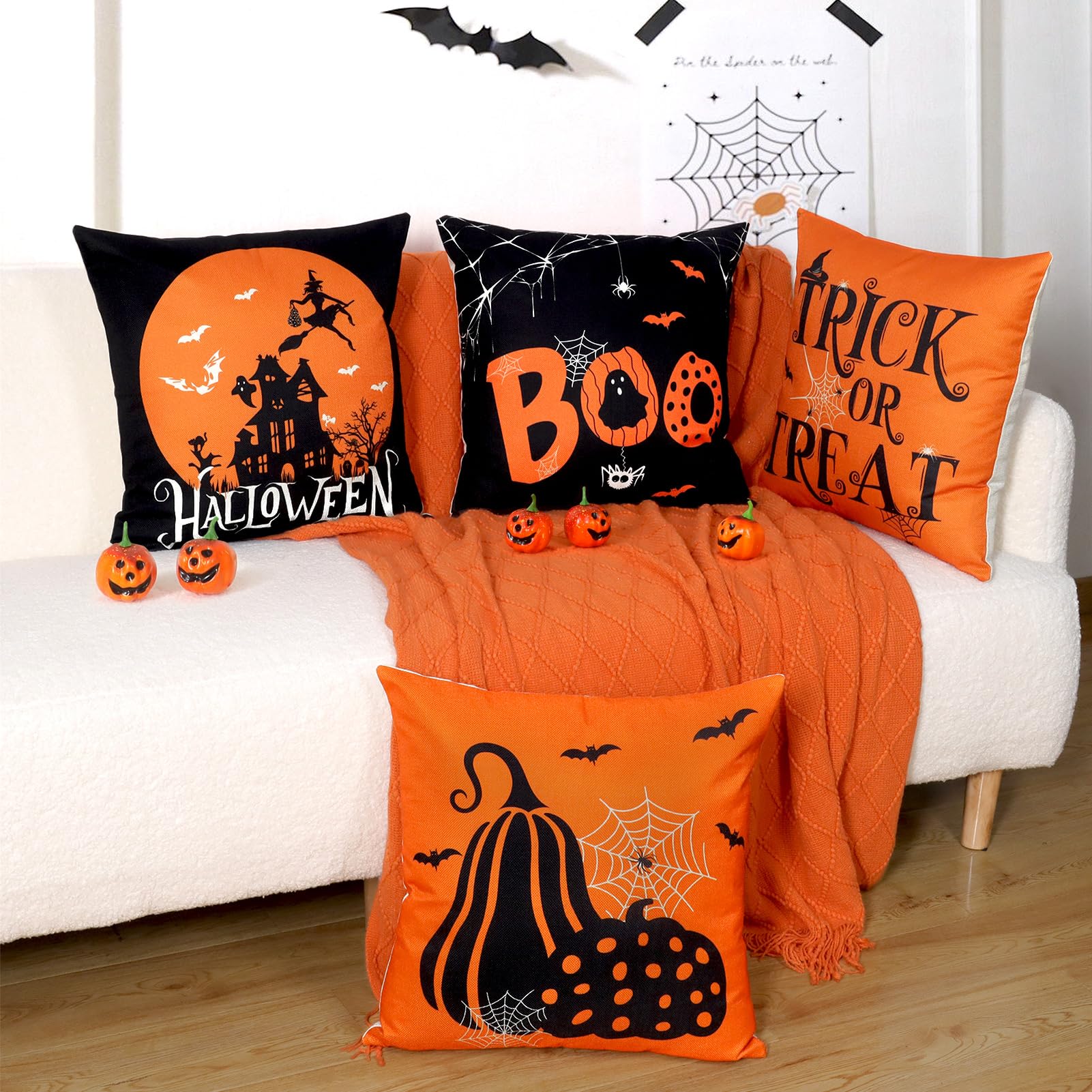 Hongsome Fall Decorations for Home-Throw Pillow Covers 18x18in Set of 4,Pumpkin Linen Pillow Case for Thanksgiving Couch Autumn Holiday Outdoor Burnt Orange White Decor