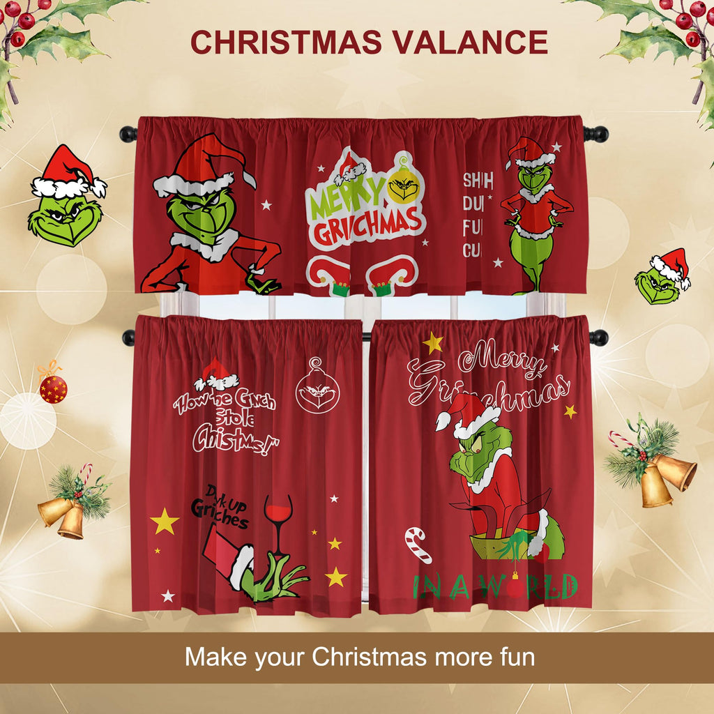 Christmas Kitchen Curtain Valances Winter Holiday Festive Small Window Decoration, Red and Green Farmhouse Xmas Design, 52x18inchx1, 26x36inchx2, 3 Panel, Rod Pocket