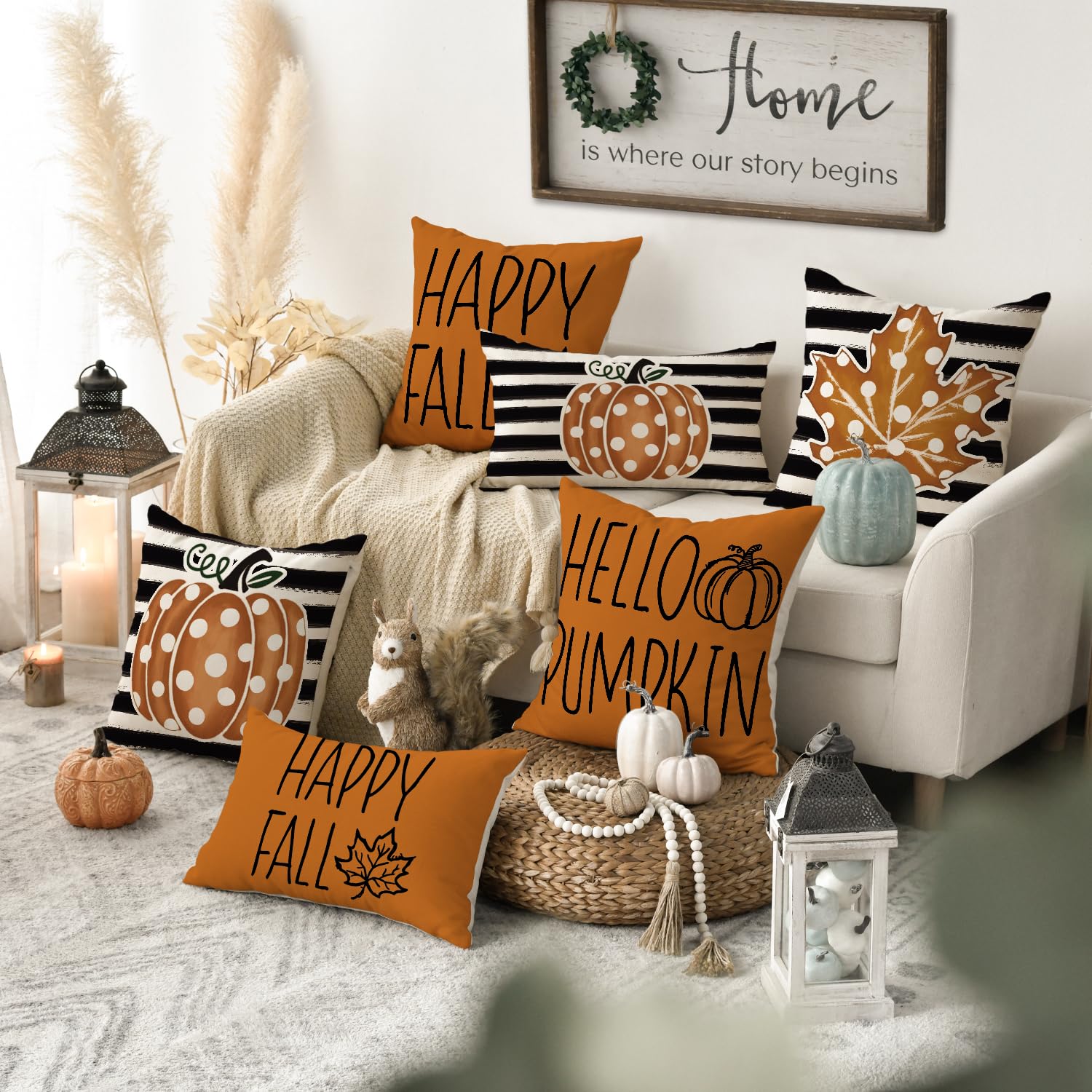 AVOIN colorlife Happy Fall Hello Pumpkin Throw Pillow Covers, 18 x 18 Inch Autumn Thanksgiving Harvest Polka Dot Maple Leaf Decorations for Sofa Couch Set of 4