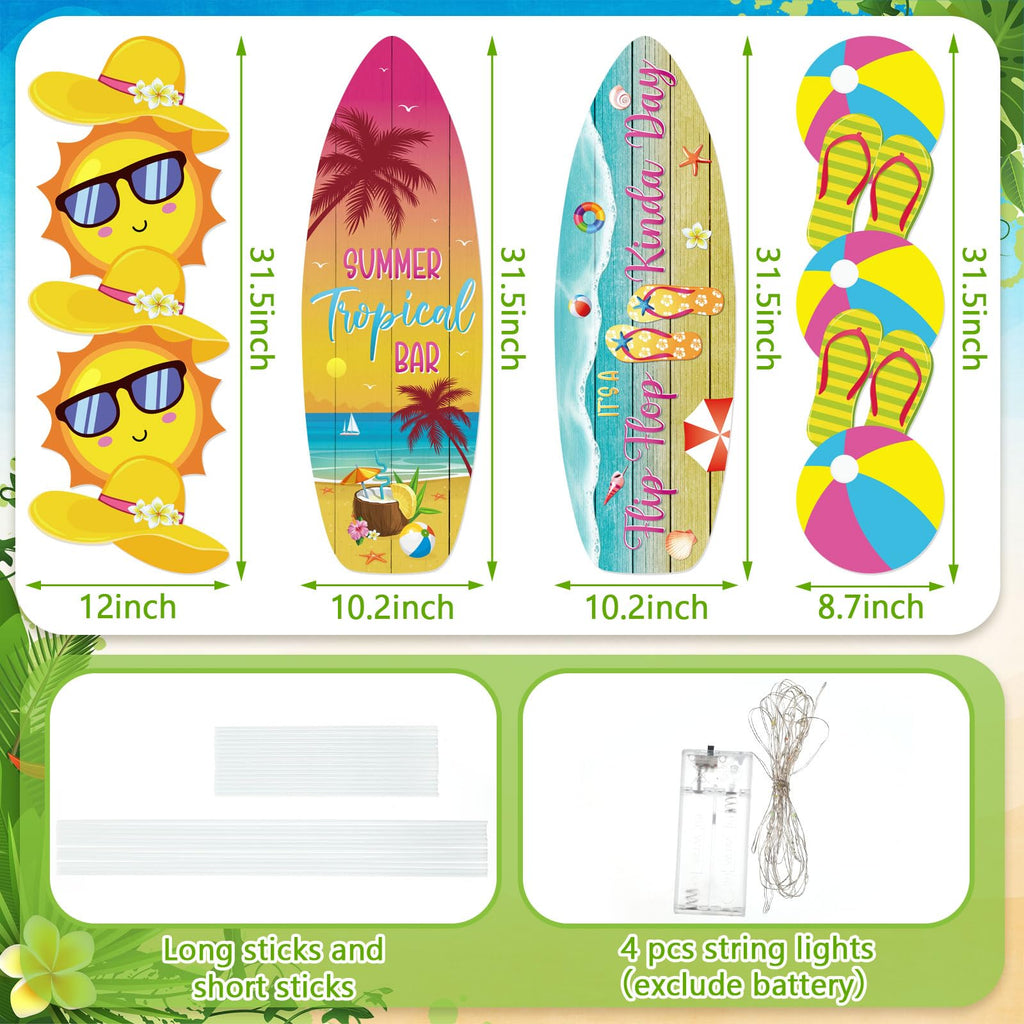 Bencailor 4 Pcs Summer Outdoor Yard Decoration Summer Beach Pool Yard Signs with Stakes LED Hawaiian Themed Party Supplies Beach Ball Surfboard Slipper Decor for Outdoor Lawn Garden Patio