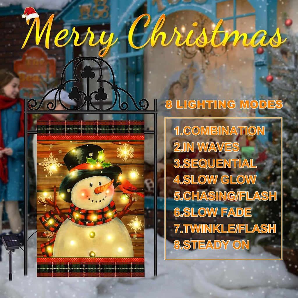 Lighted Christmas Garden Flag for Outside, Led Snowman Garden Flag, Winter Yard Flag 12x18 Double Sided for Outdoor Yard Porch Lawn Decoration